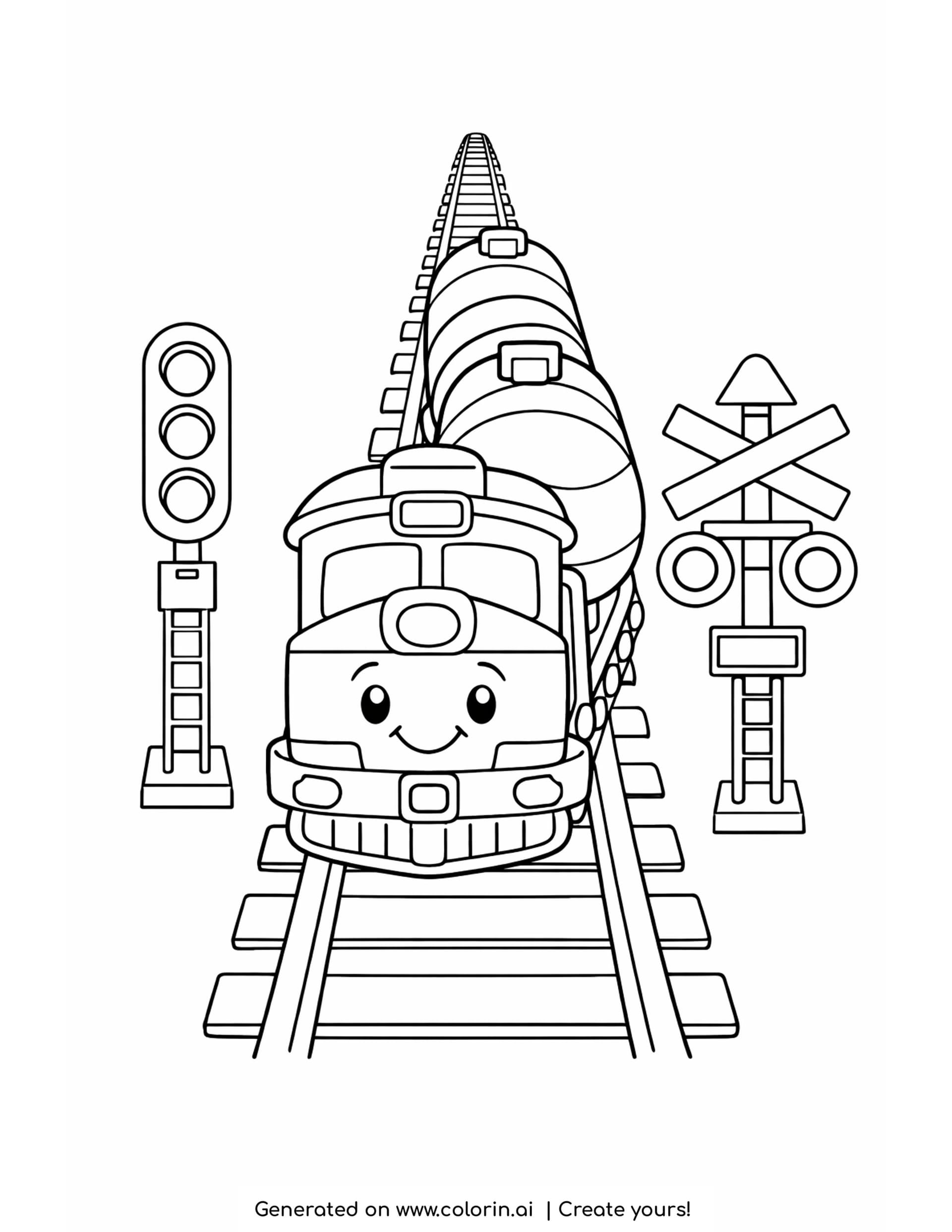 tanker train coloring pages: an engine with ribbed tanker cars between a signal light and a crossing sign