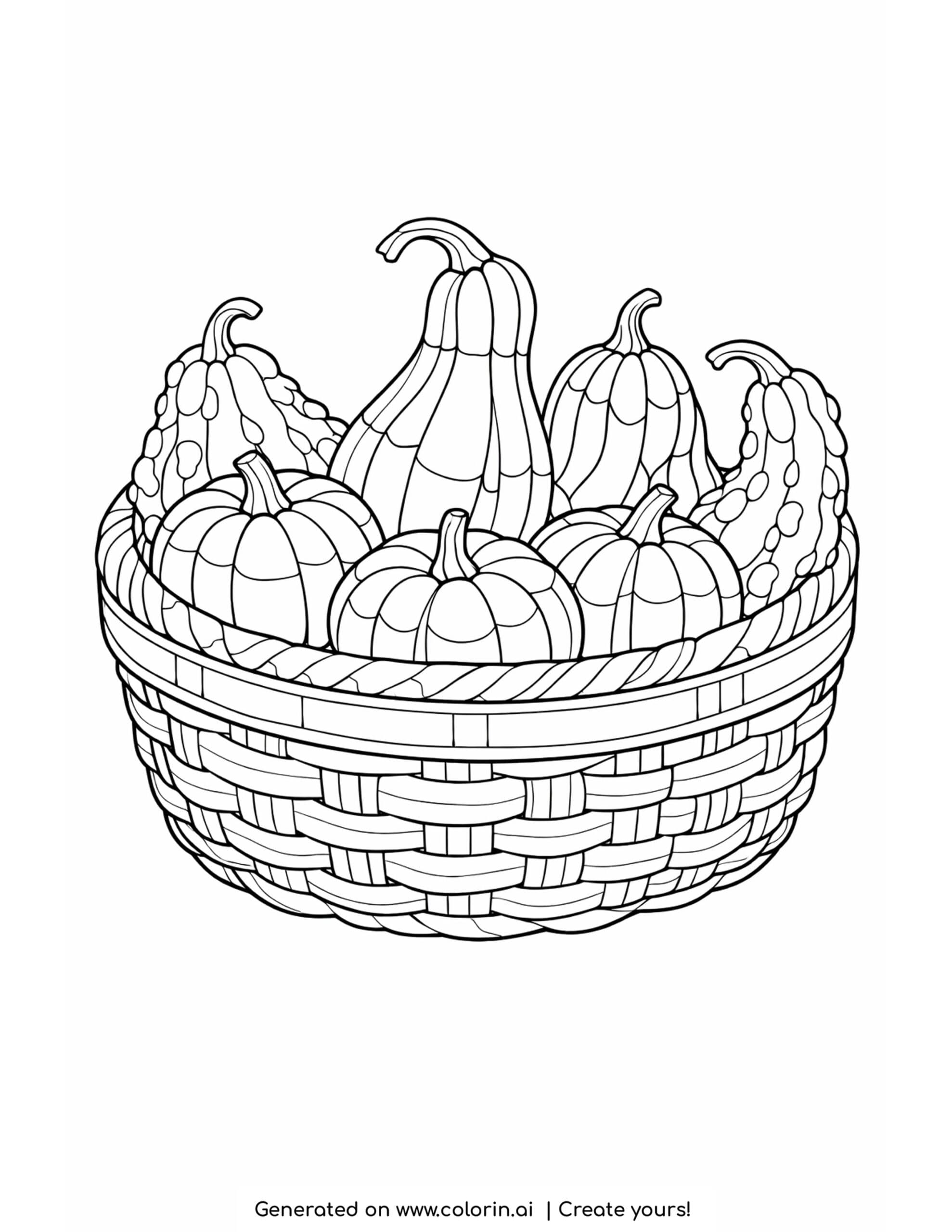 thanksgiving food coloring pages, a woven basket filled with pumpkins and assorted bumpy autumn gourds