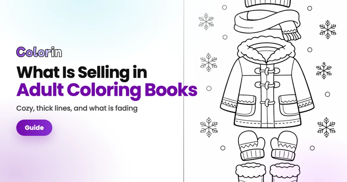 Adult coloring book trends, a Colorin AI guide cover with a winter outfit coloring page beside the title
