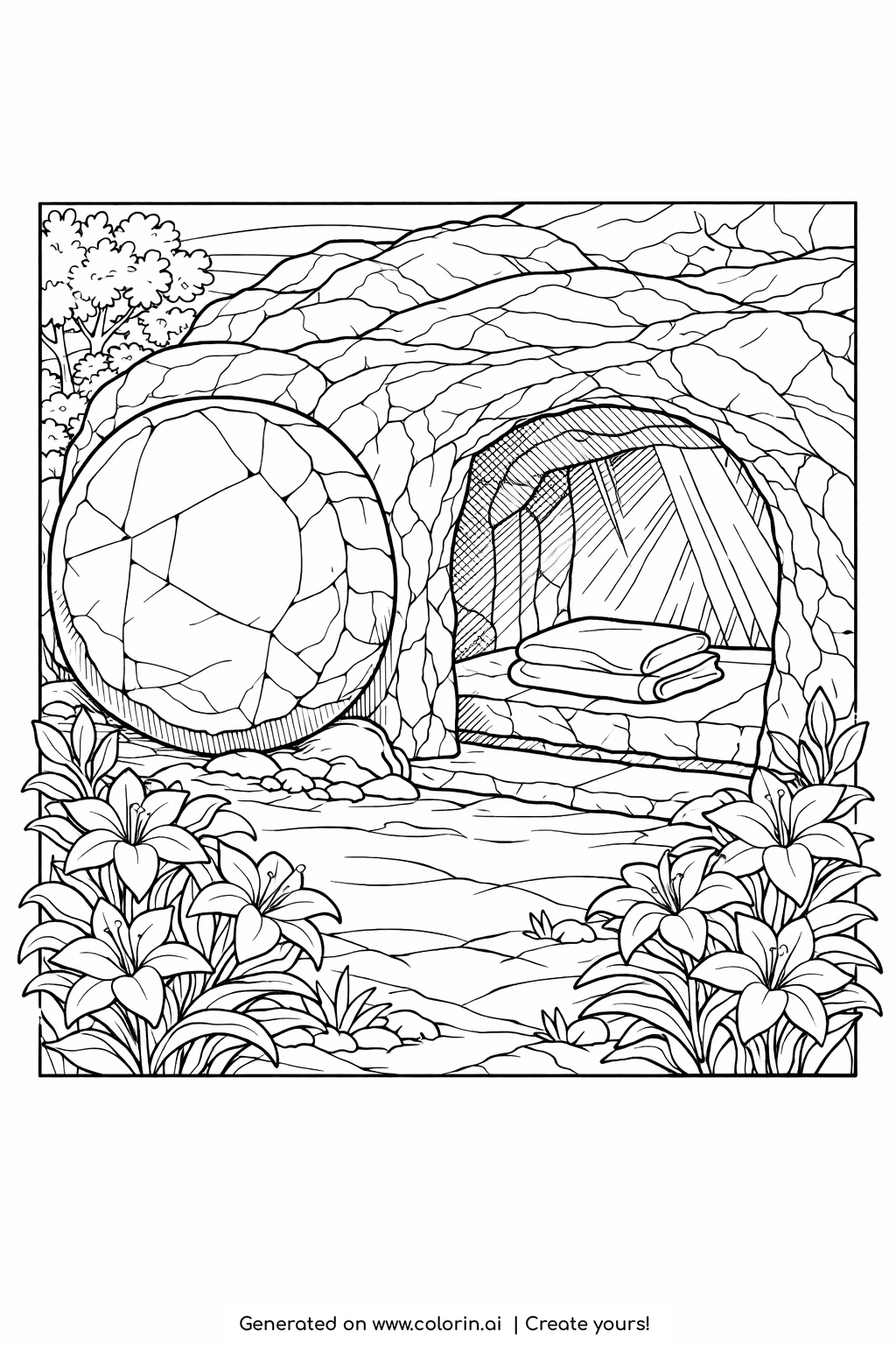 bible story coloring pages, the empty tomb at dawn with the stone rolled away, folded cloths, and lilies