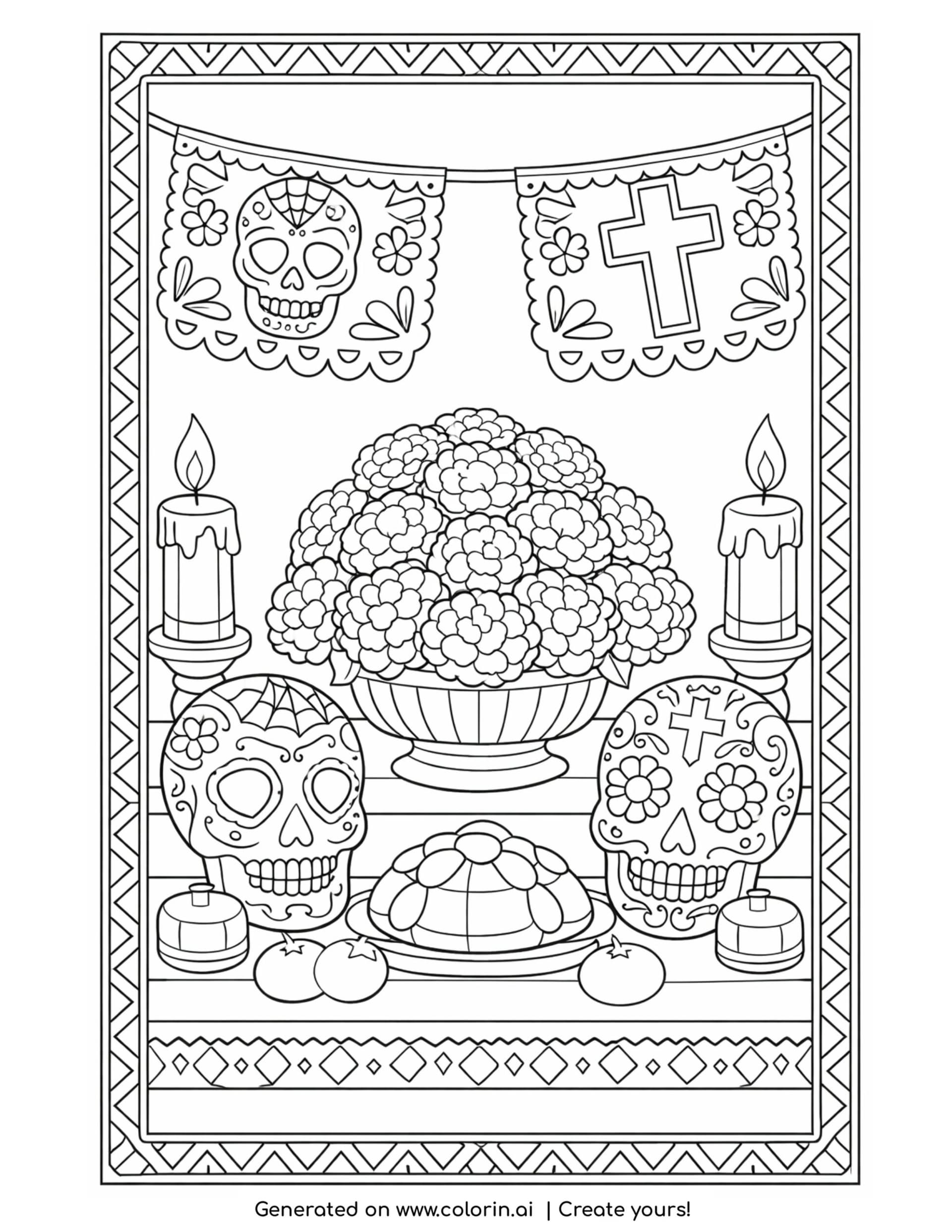 day of the dead coloring pages, a decorated ofrenda altar with candles, marigolds, sugar skulls, and papel picado