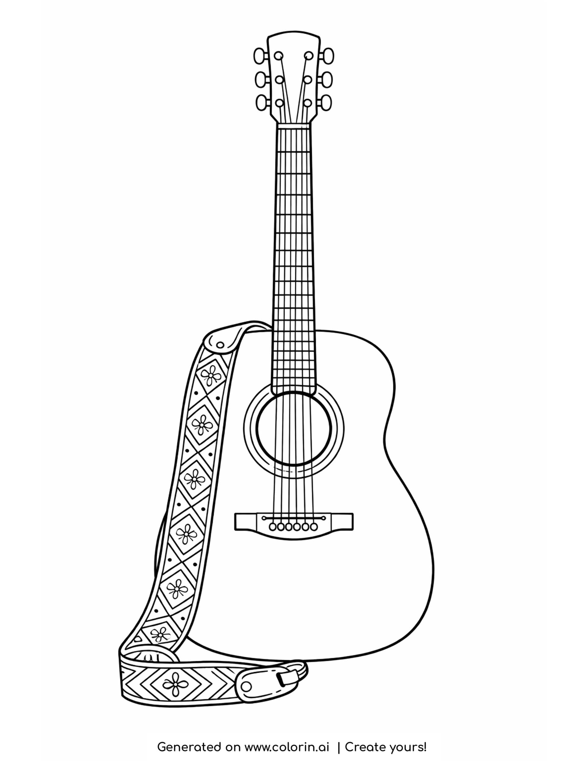 simple guitar coloring pages - an acoustic guitar standing upright with a round sound hole and a patterned strap