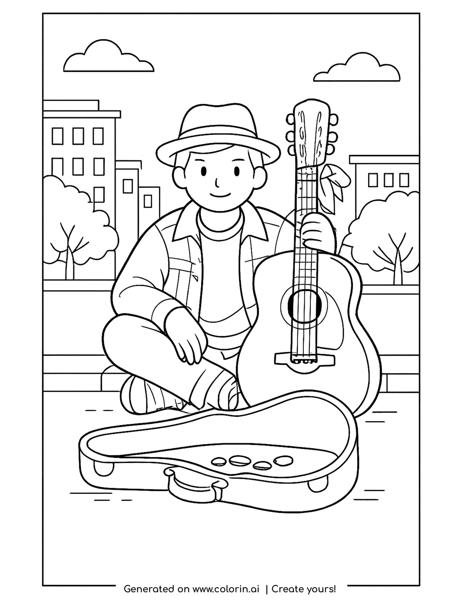 street musician coloring pages - a busker sitting cross legged with an acoustic guitar and an open case with coins
