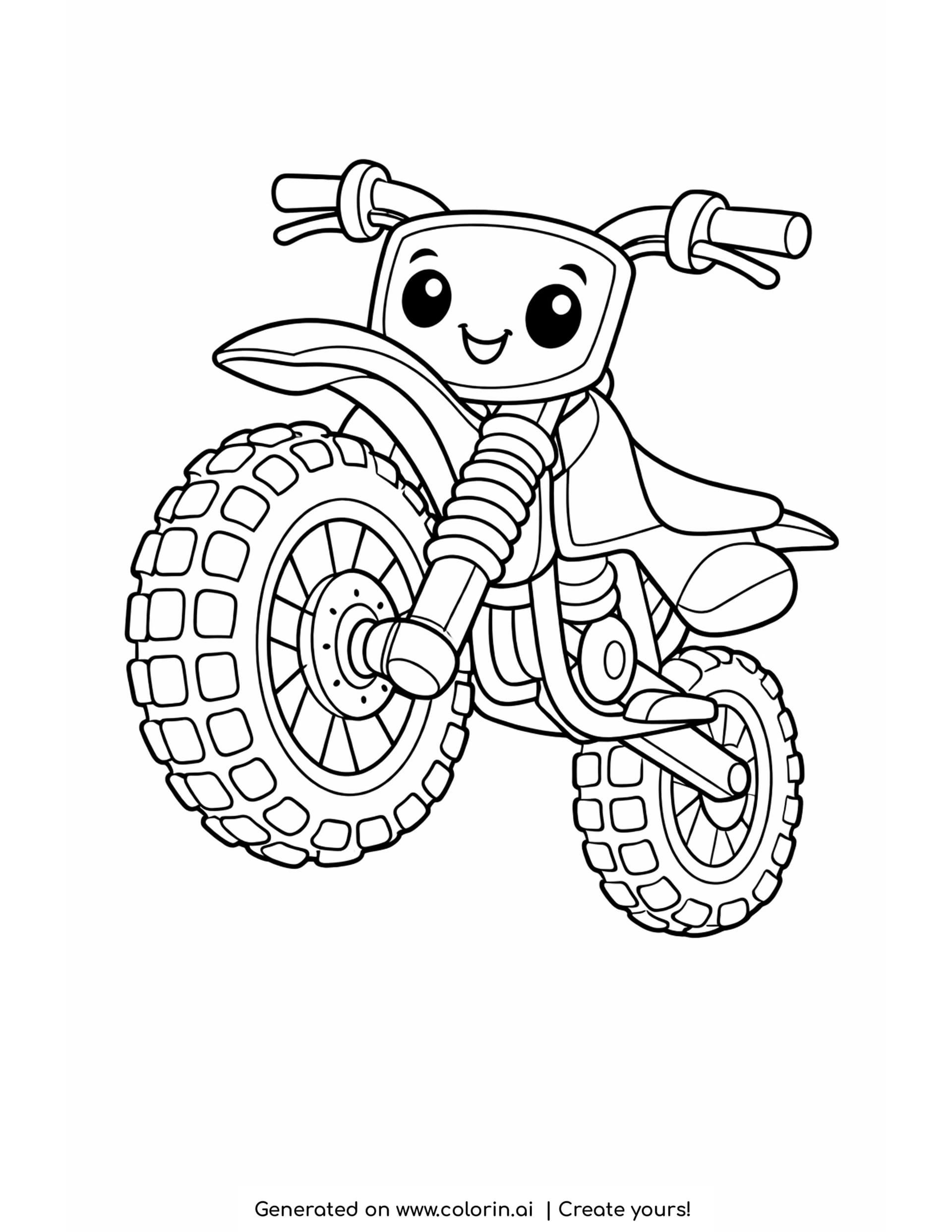dirt bike coloring pages - cute dirt bike with a smiling number plate and chunky knobby tires, front wheel lifted
