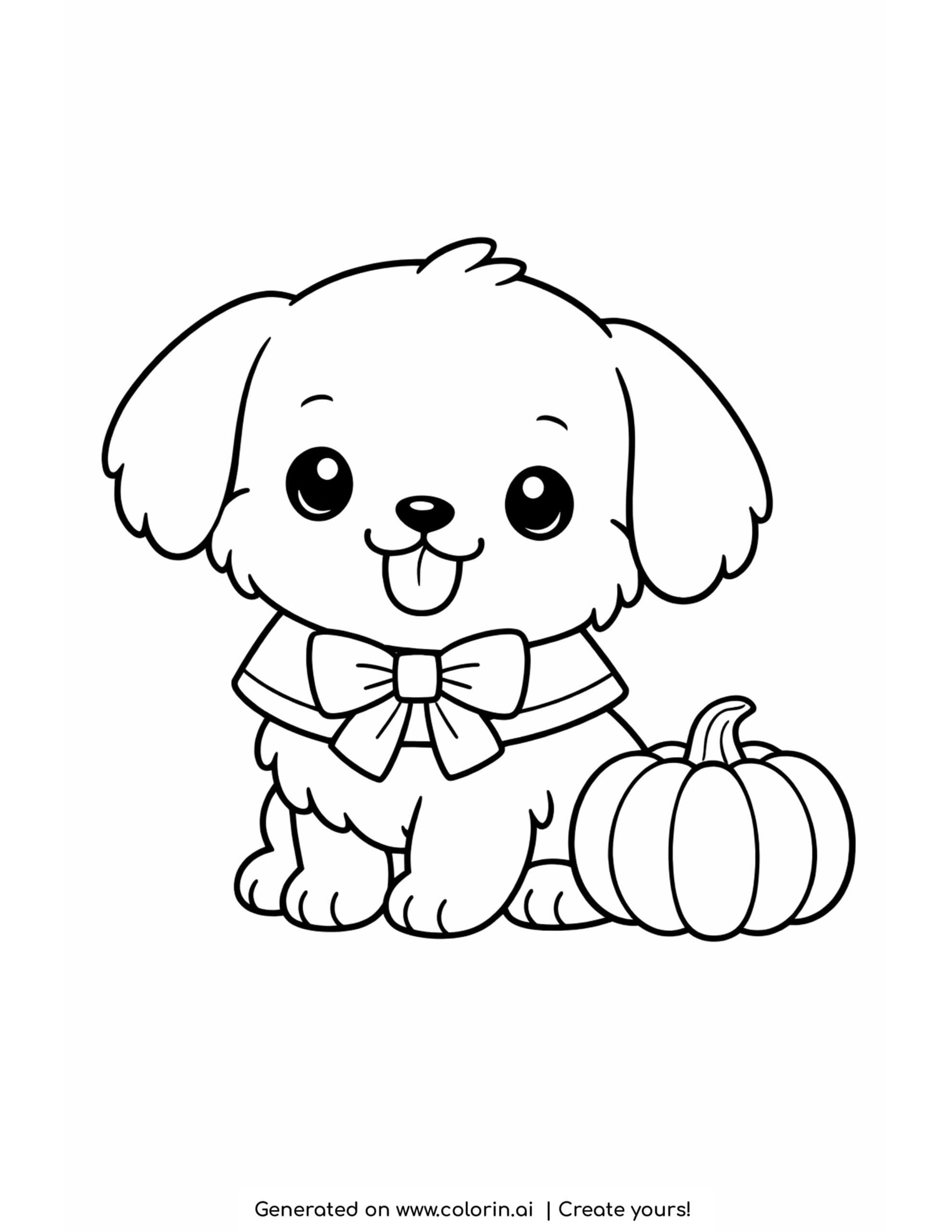cute thanksgiving coloring pages, a fluffy sitting puppy wearing a holiday collar with a small pumpkin beside it