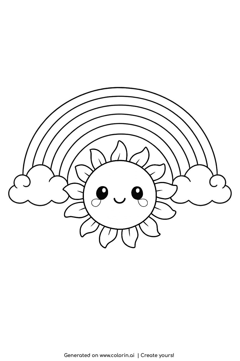 coloring pages for kids rainbow, one bold rainbow arch next to a large simple sun with short chunky rays