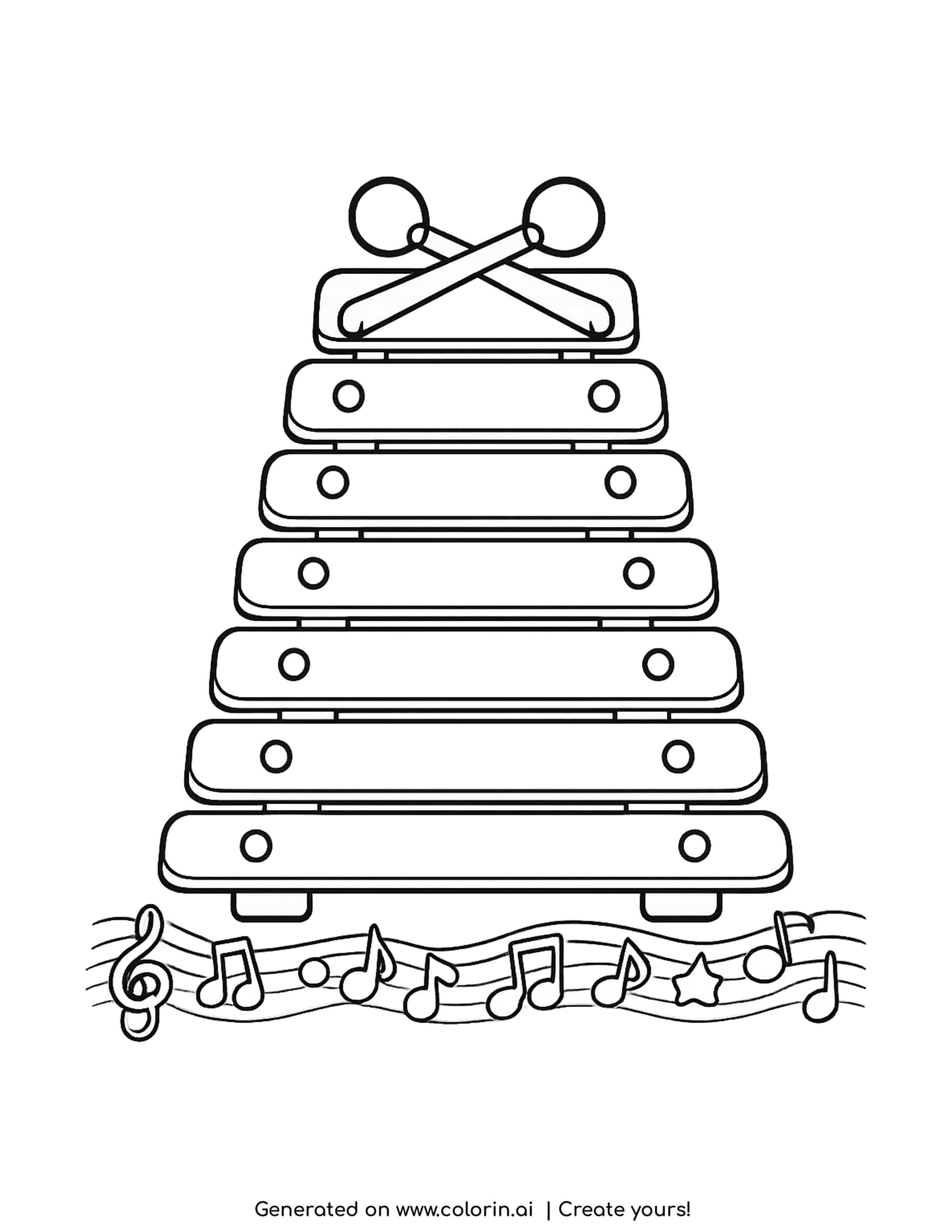 xylophone coloring pages - seven stepped bars with two crossed mallets and a wavy staff of notes below