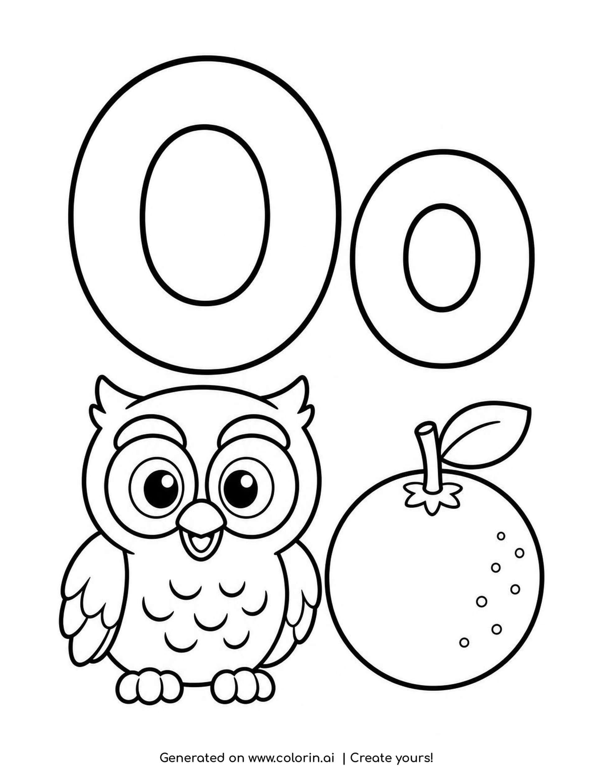 A letter O coloring page with a big hollow O and o above a wide-eyed owl and a round orange with a stem and a leaf