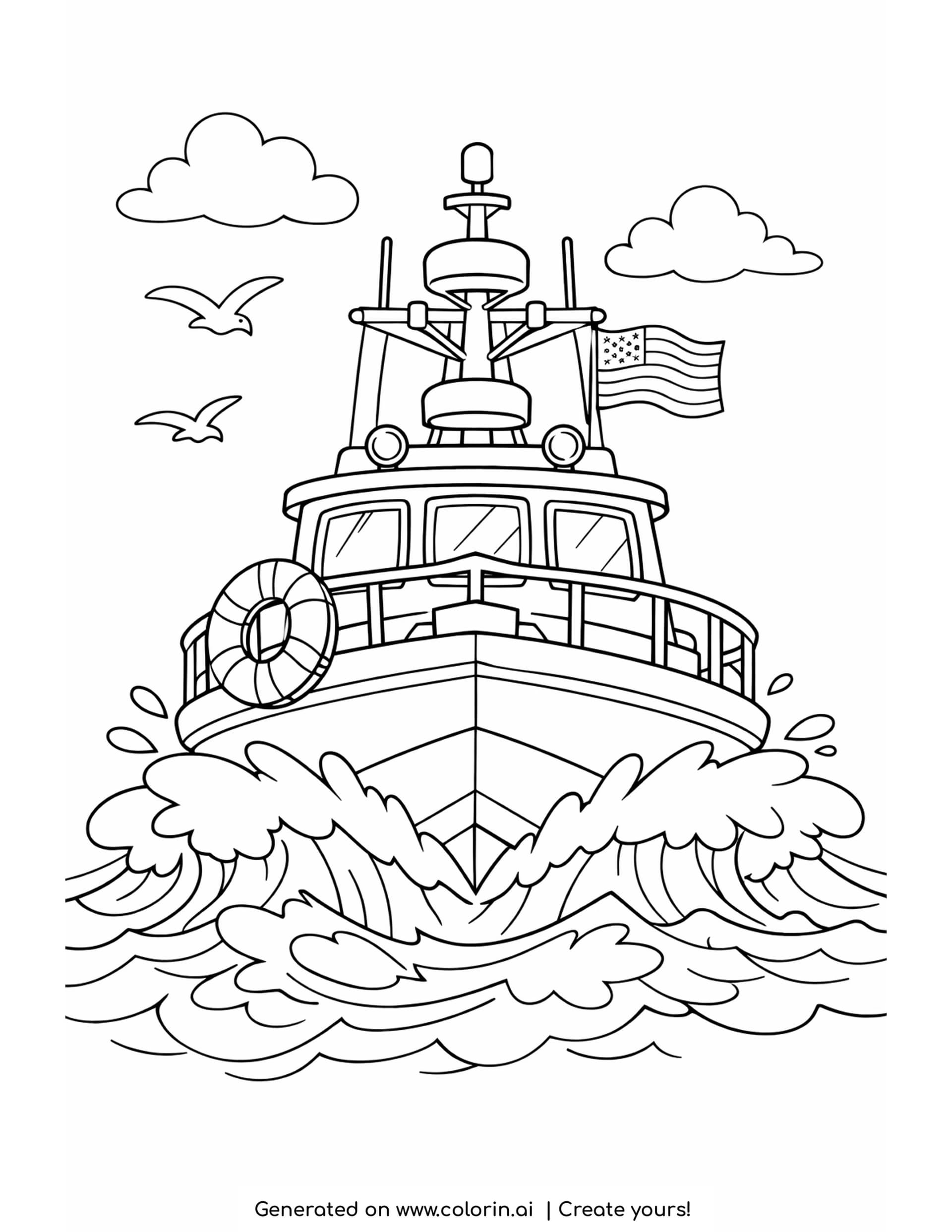 coast guard boat coloring page - a rescue boat coming bow first through breaking waves with a radar mast, a flag, two searchlights and a life ring