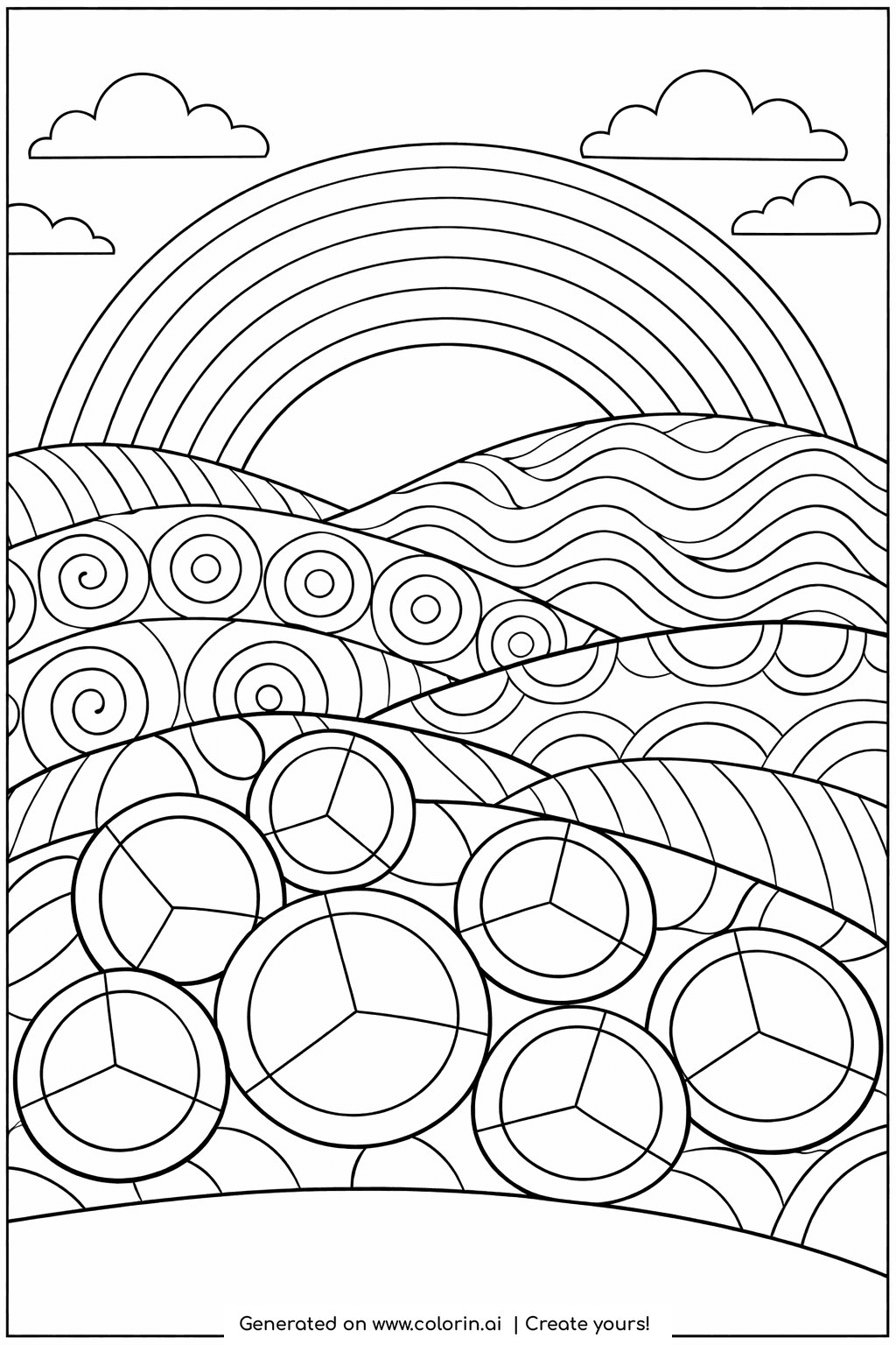 rainbow coloring pages for adults, a rainbow over rolling hills whose slopes are each filled with different repeating patterns