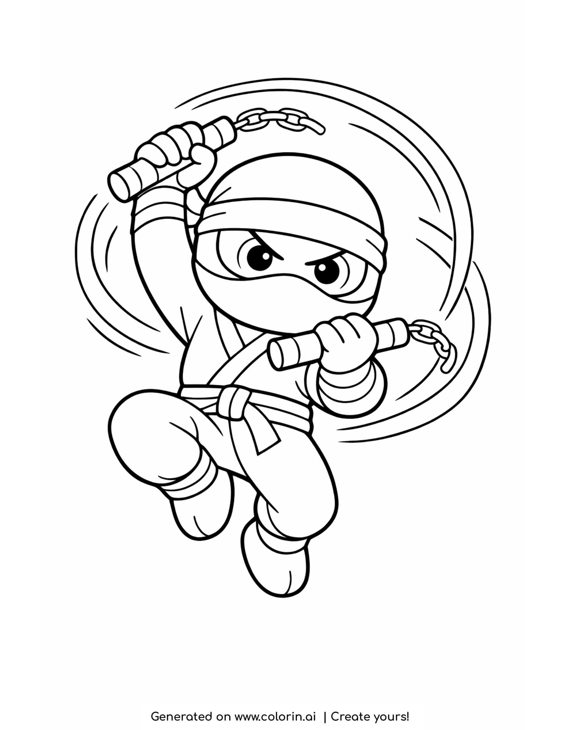 nunchucks coloring pages - ninja mid swing with a nunchaku in each hand and looping motion arcs around him