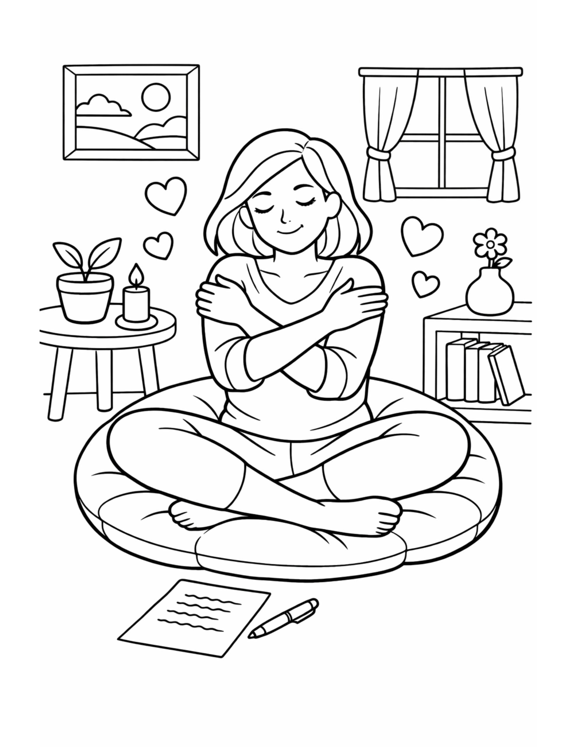 woman self hug on cushion coloring page with floating hearts, candle, window, and bookshelf in a cozy room
