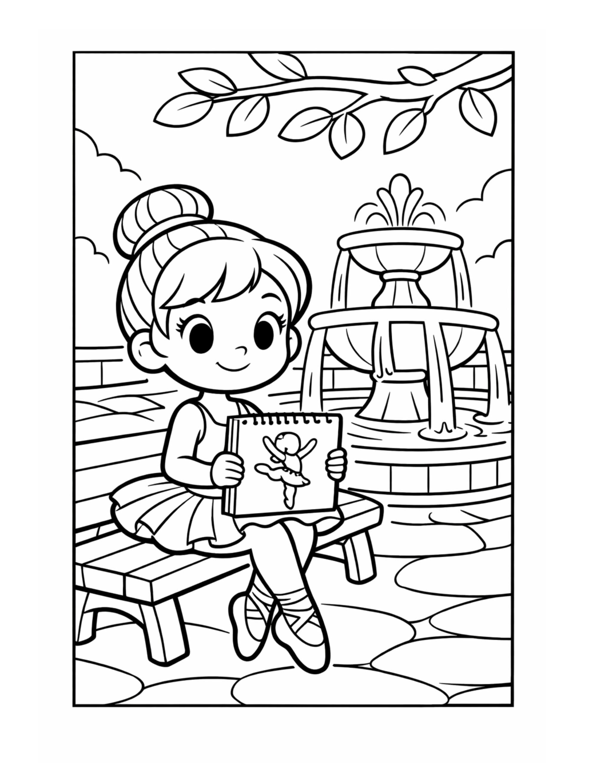 ballerina holding sketchbook by fountain coloring page, cute dancer on a bench near a fountain and tree branch coloring page