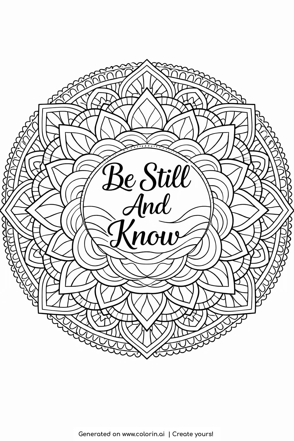 bible verse coloring pages for adults, Be Still and Know at the center of a full round petal mandala