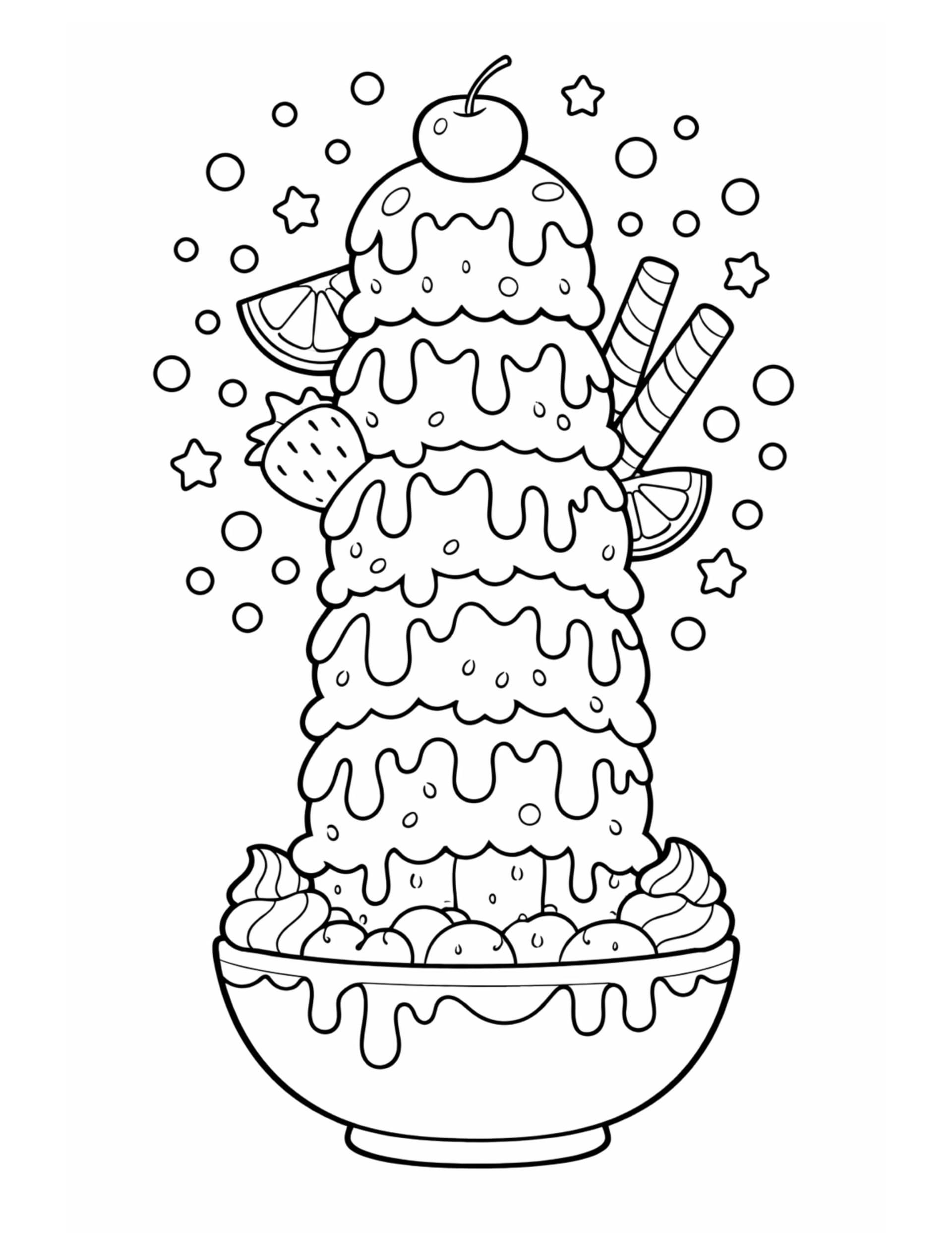 towering ice cream sundae bowl coloring page with dripping scoops, cherry topper, fruit slices, and wafer sticks coloring page