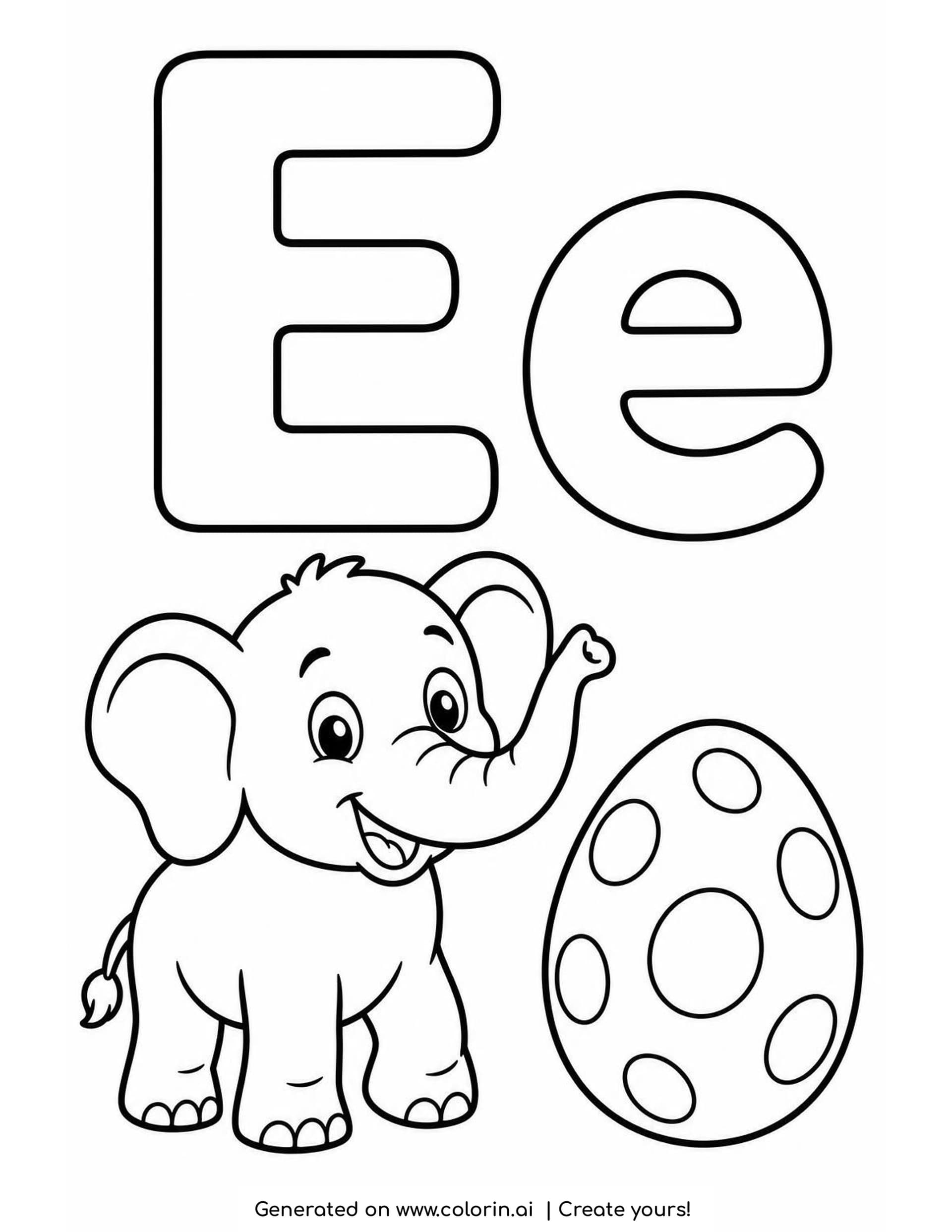 A letter E coloring page with a hollow capital E and lowercase e above a baby elephant with its trunk raised and a tall egg covered in spots