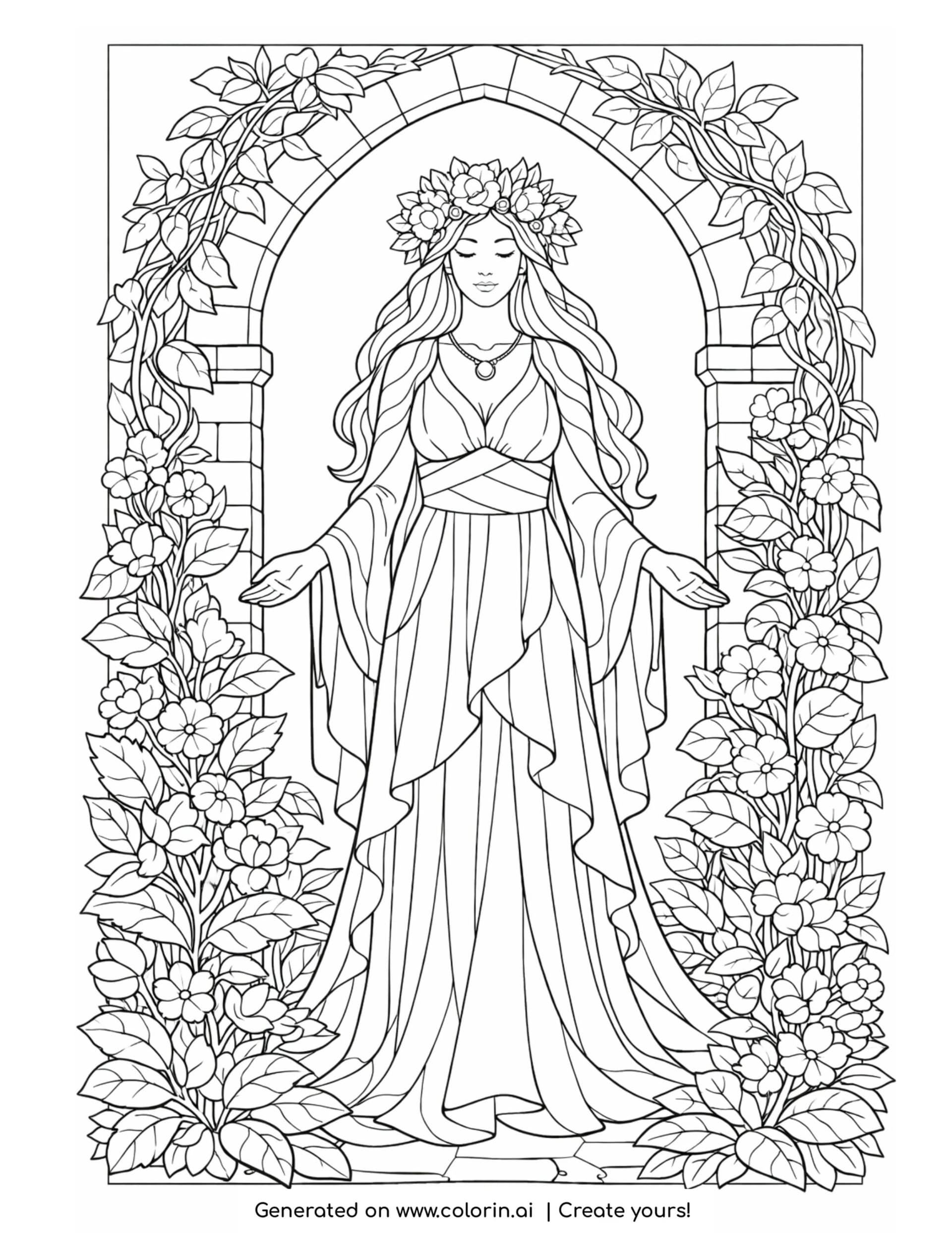 goddess within vine doorway coloring page with flowers and stone arch