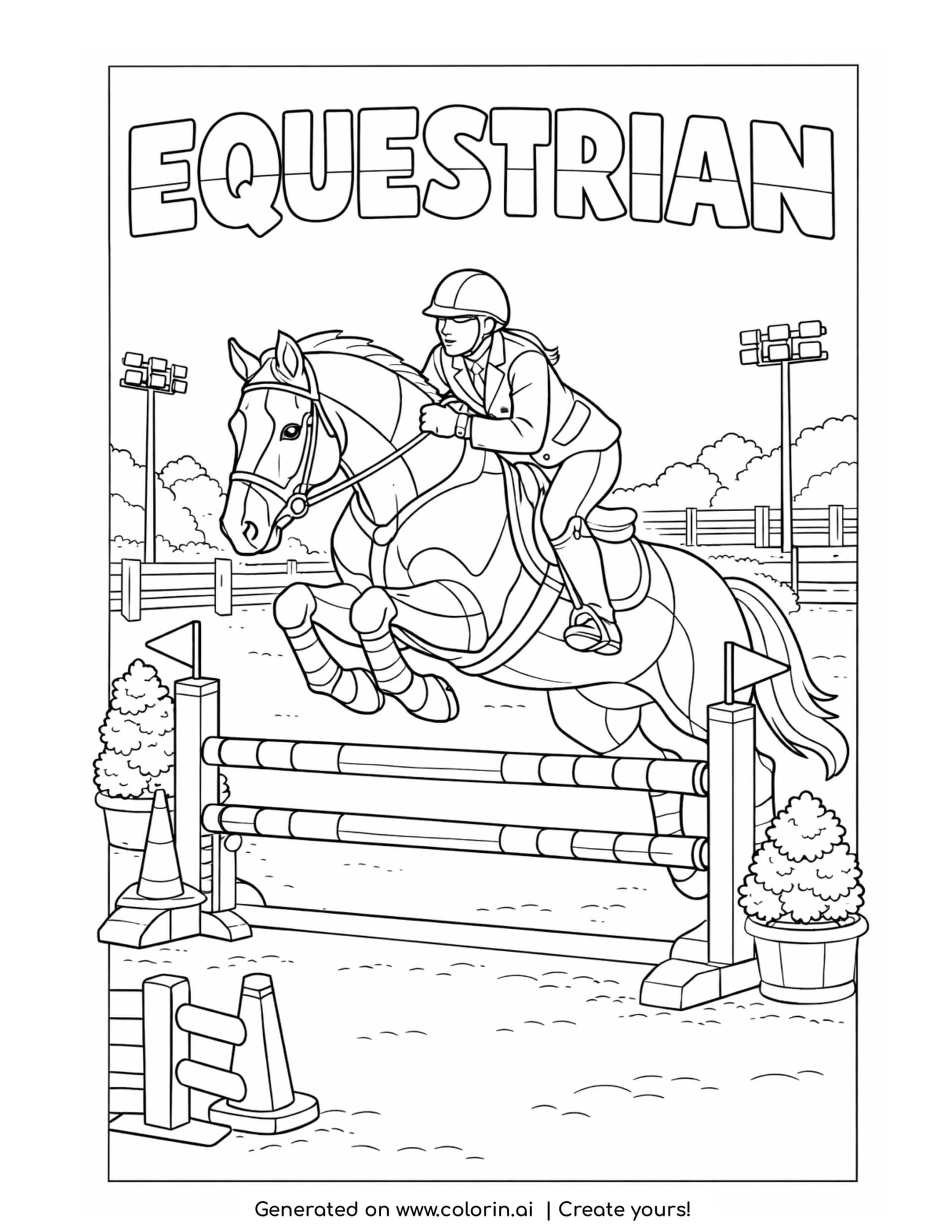equestrian rider jumping over fence coloring page with horse and rider in arena