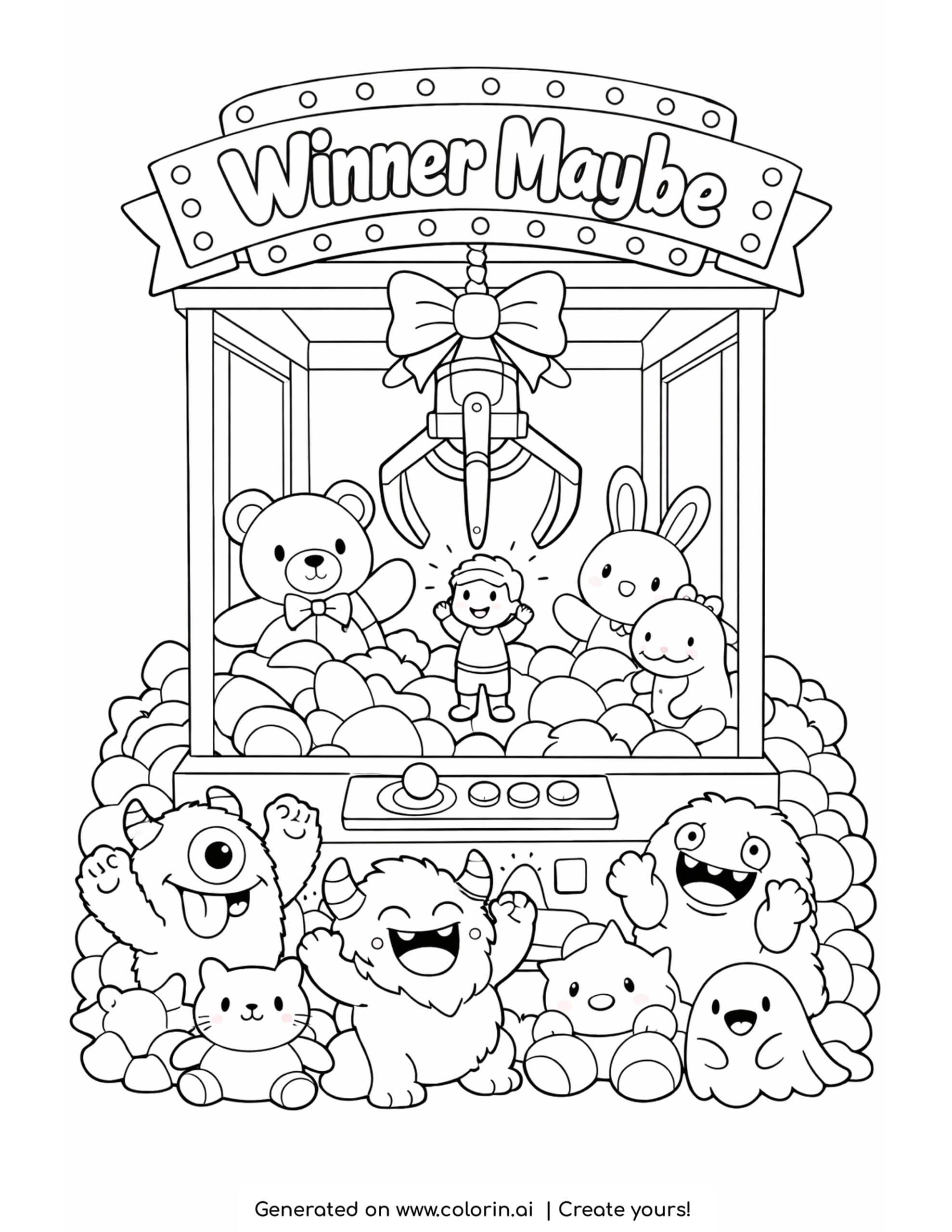 funny arcade coloring pages, a claw machine packed with kawaii plushies under a Winner Maybe sign with cheering monsters in front