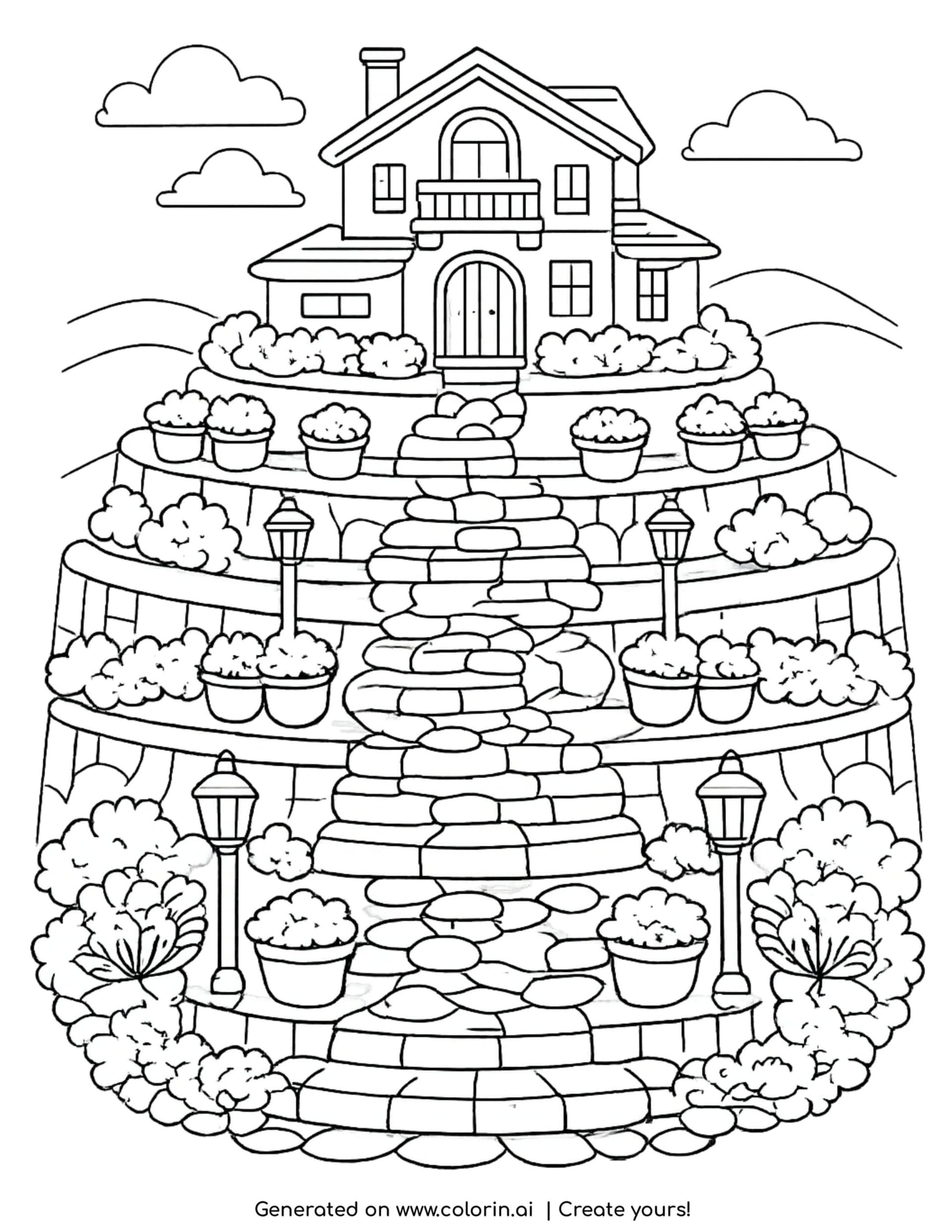 house on terraced hill stairs coloring page with stone steps and garden pots