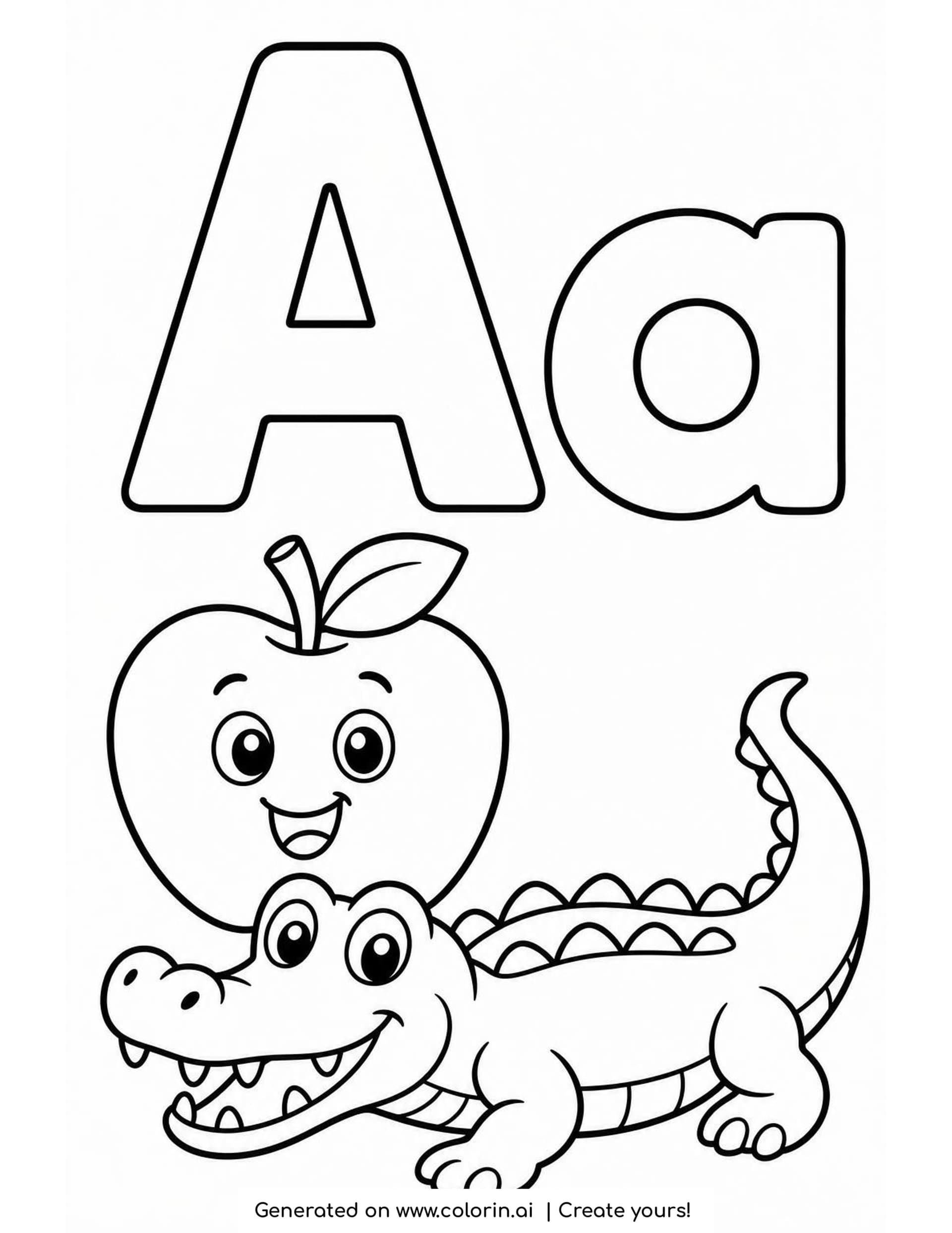 A letter A coloring page with a big hollow capital A and lowercase a above a smiling apple and a grinning alligator lying in front of it