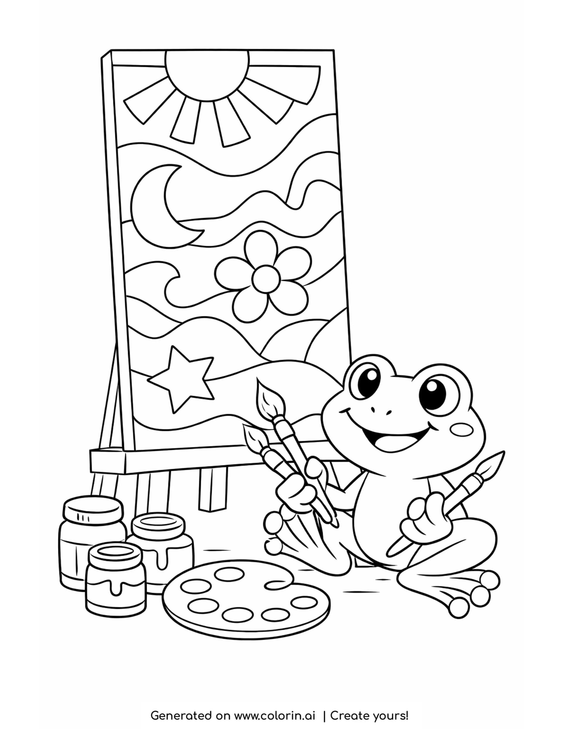 frog painting on canvas coloring page with brushes and paint jars