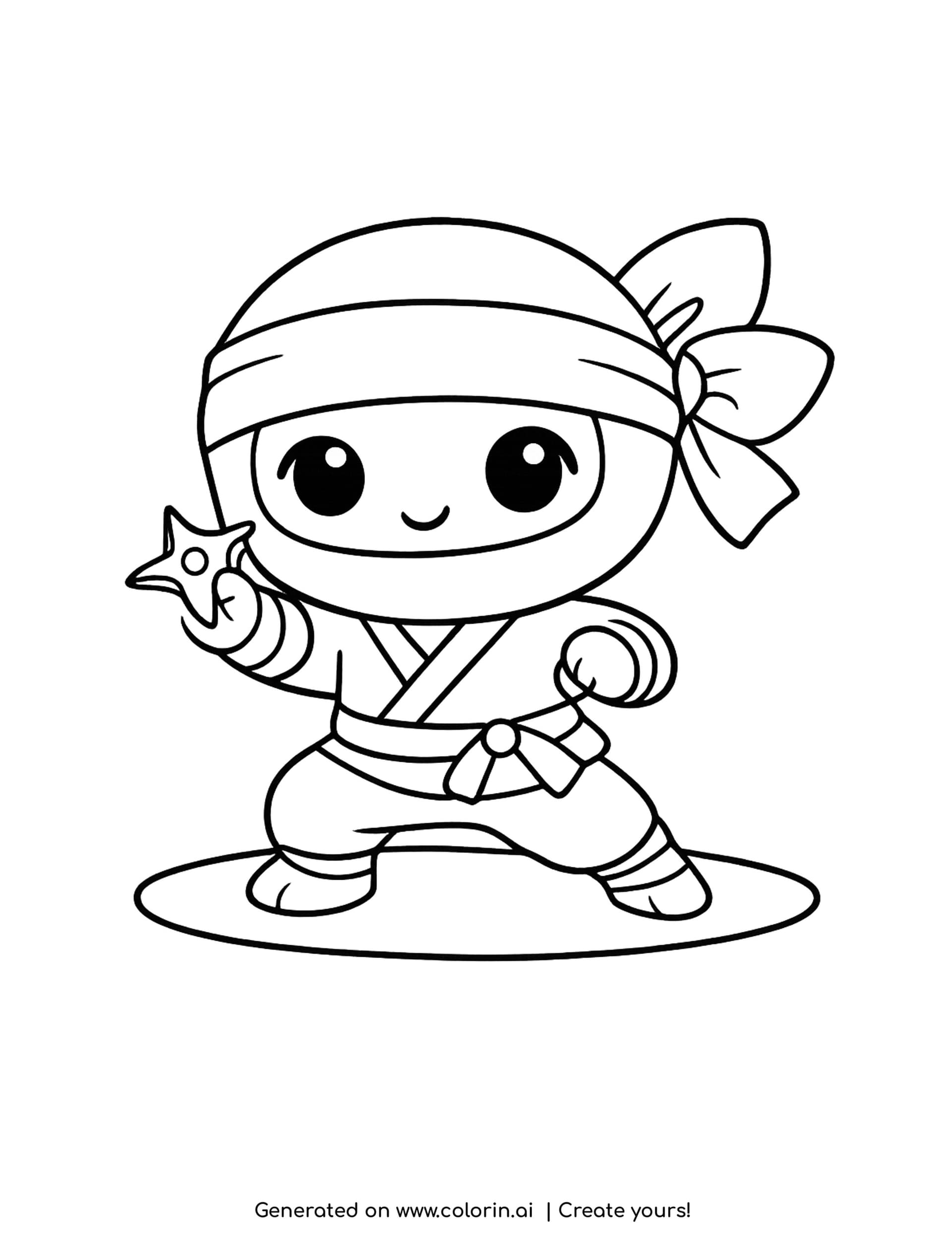 ninja headband coloring pages - small ninja with a large bow tied headband holding a four pointed star