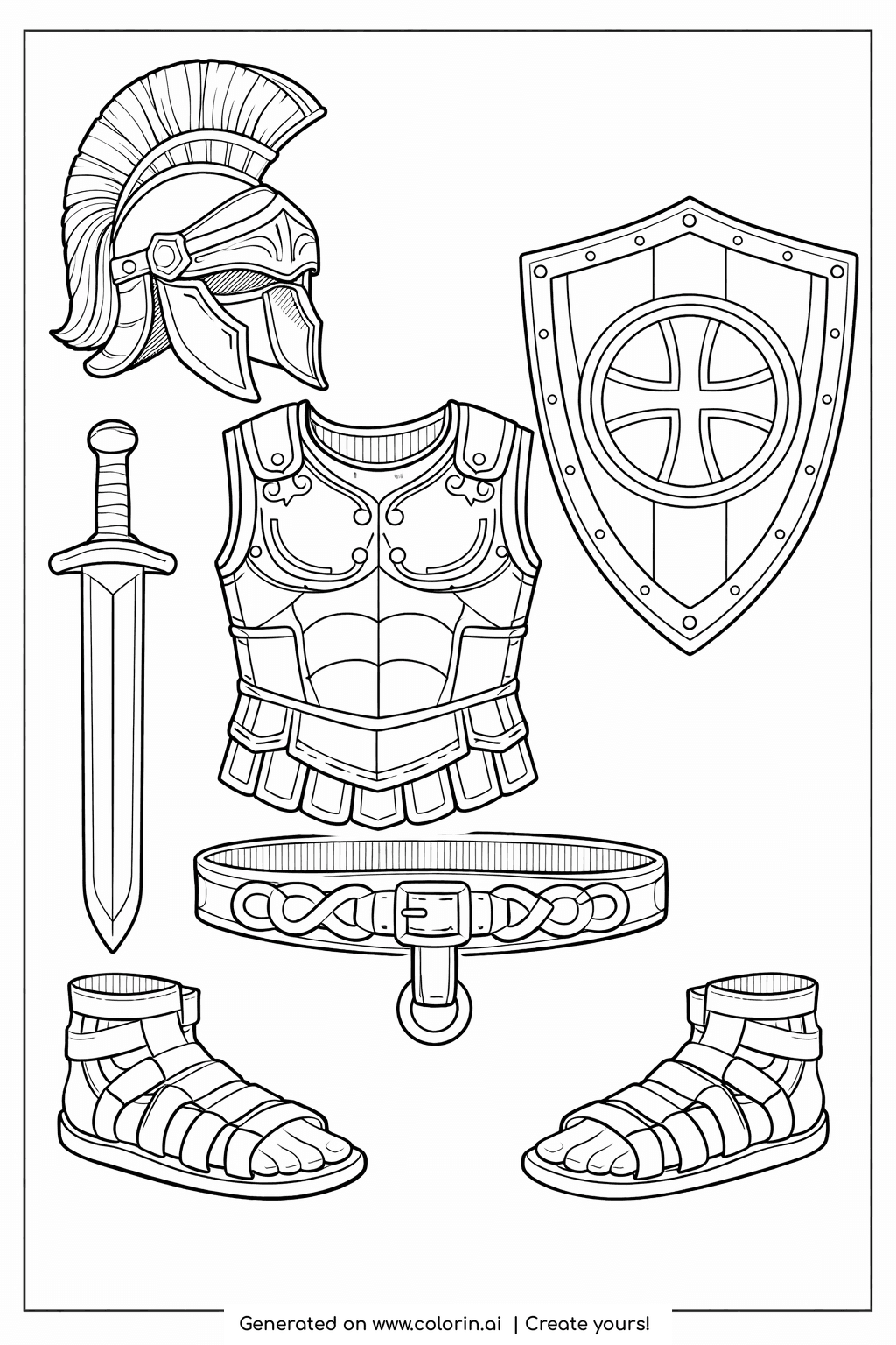 bible coloring pages for adults, the armor of God with a helmet, breastplate, cross shield, sword, belt, and sandals