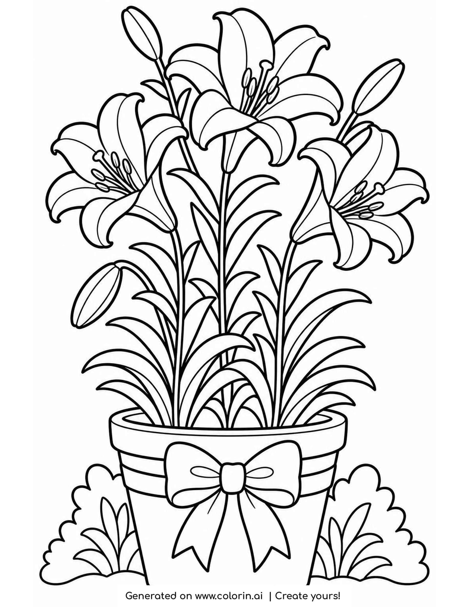 Easter lily coloring page with three open lily blooms and three buds on tall stems in a clay pot tied with a ribbon bow
