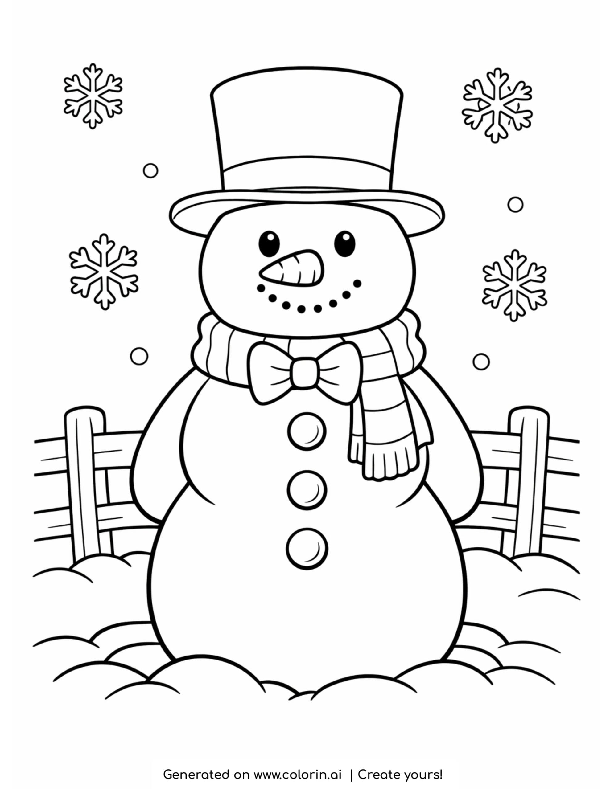 snowman coloring pages, a snowman in a top hat and striped scarf standing by a fence