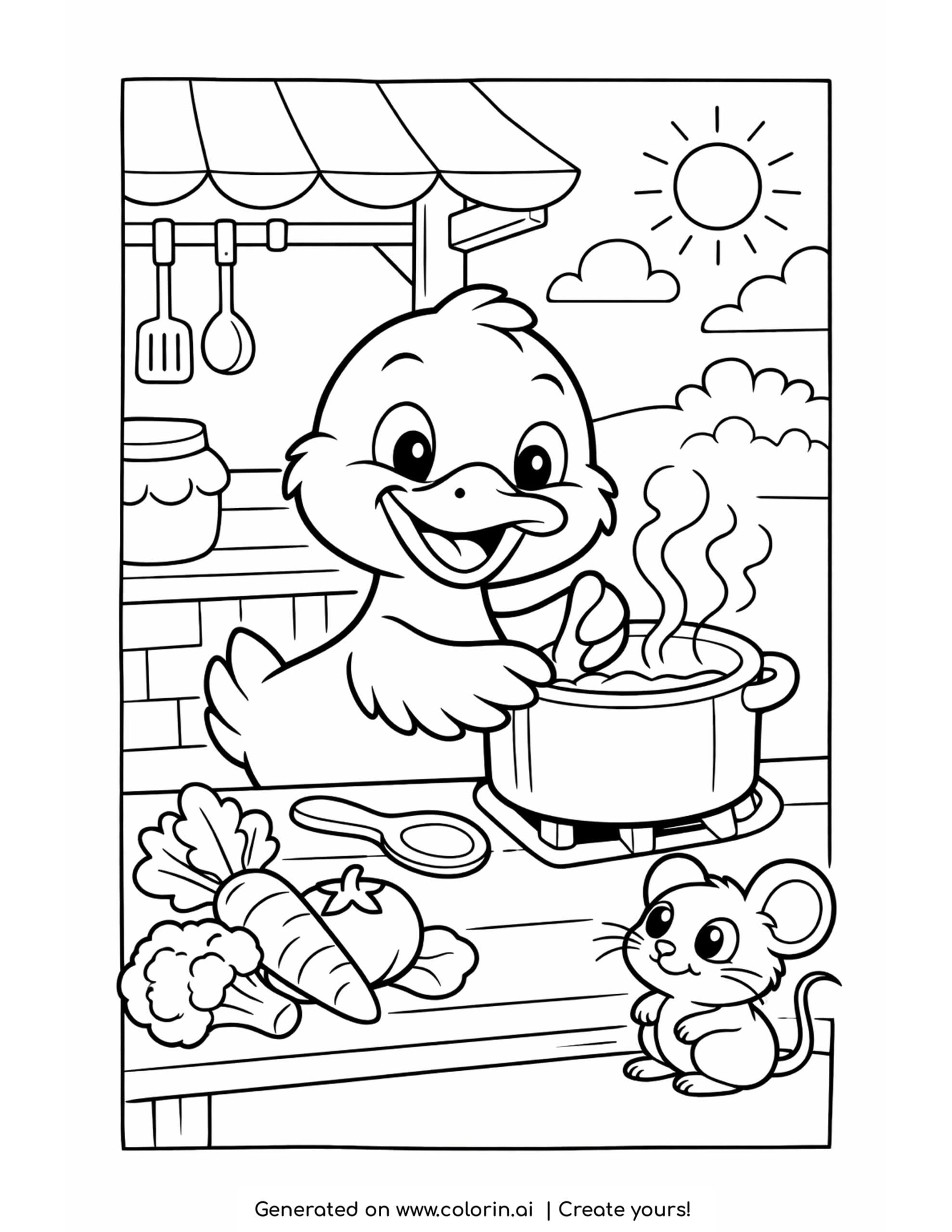 duck cooking in outdoor kitchen stirring pot with vegetables coloring page