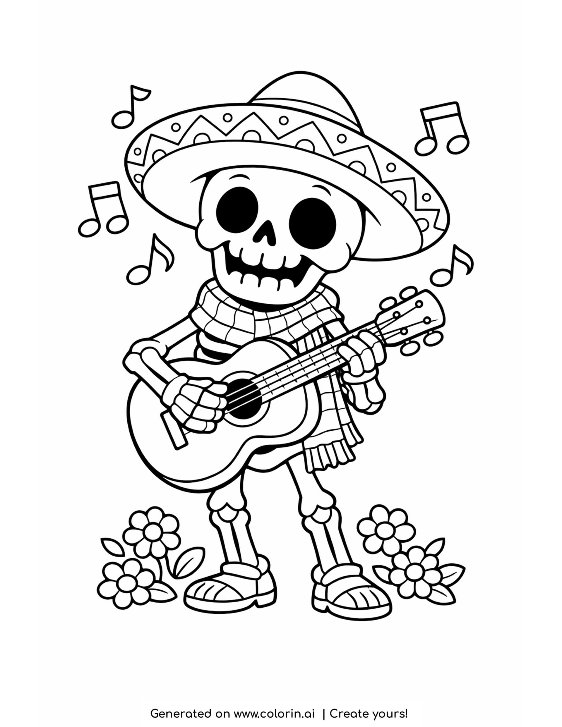 skeleton guitar coloring pages, skeleton in a sombrero and striped serape playing a guitar with music notes rising