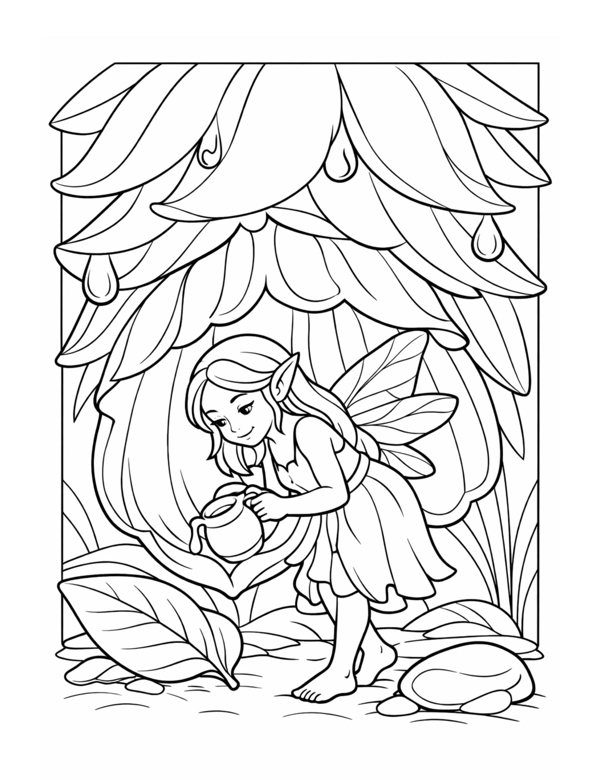 fairy watering a flower coloring page with gentle fairy caring for a large bloom in a leafy forest scene coloring page