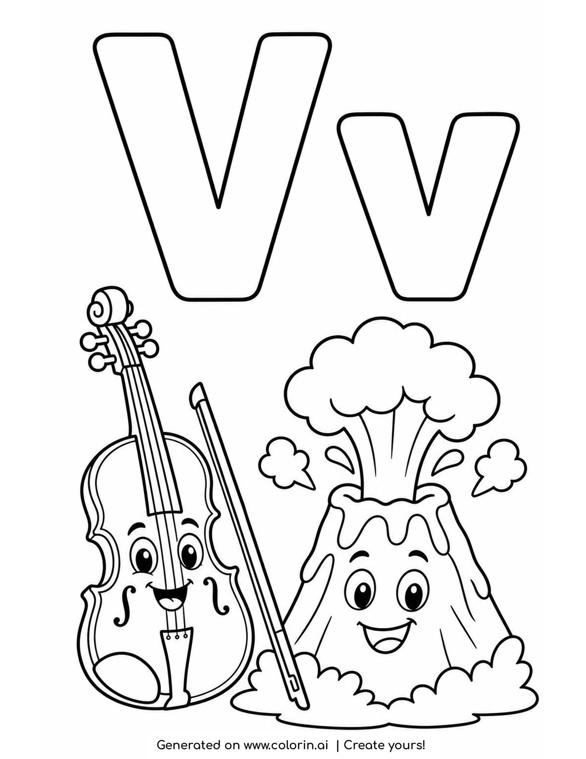 A letter V coloring page with a hollow capital V and lowercase v above a smiling violin with its bow and a happy erupting volcano