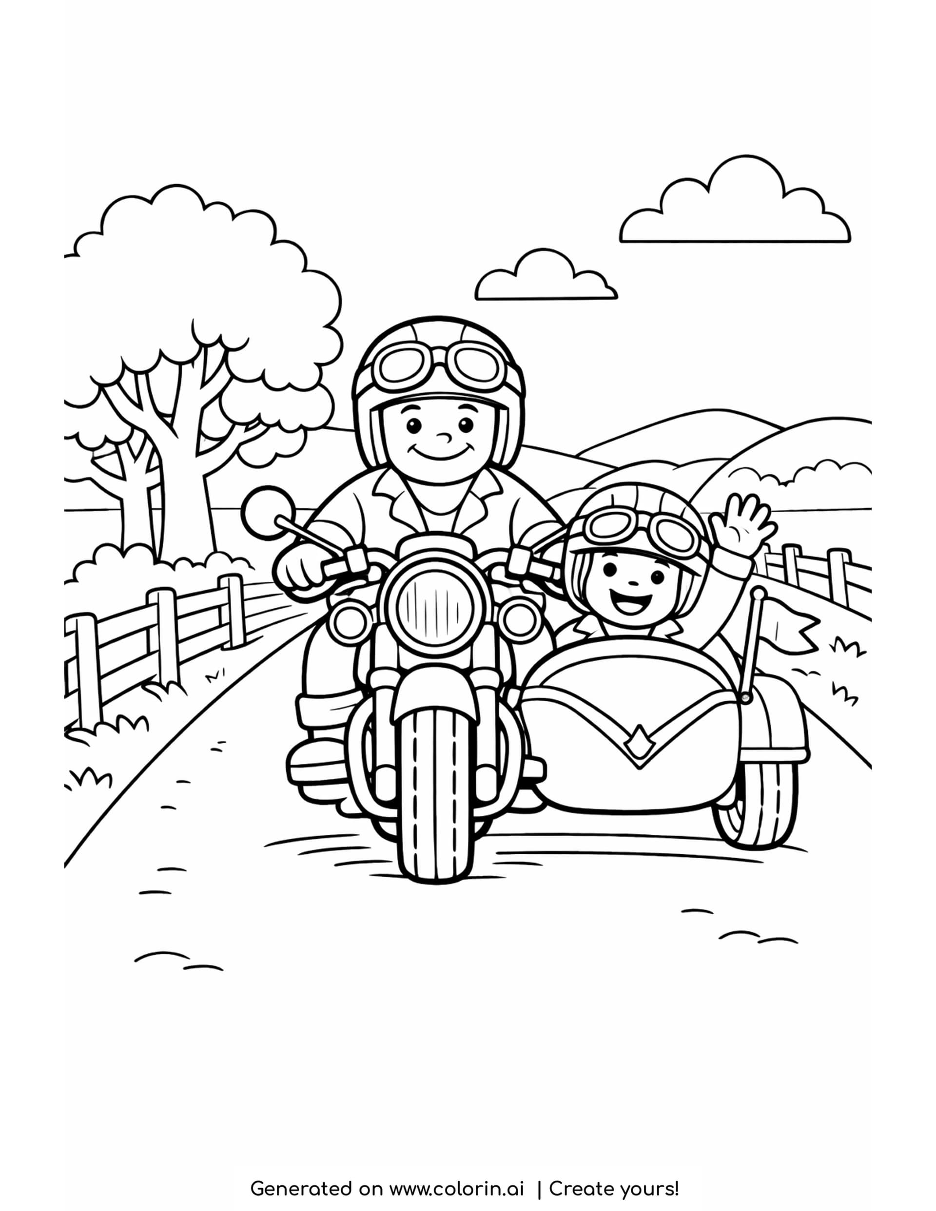 sidecar ride coloring pages - motorcycle with a sidecar carrying a waving passenger along a country road