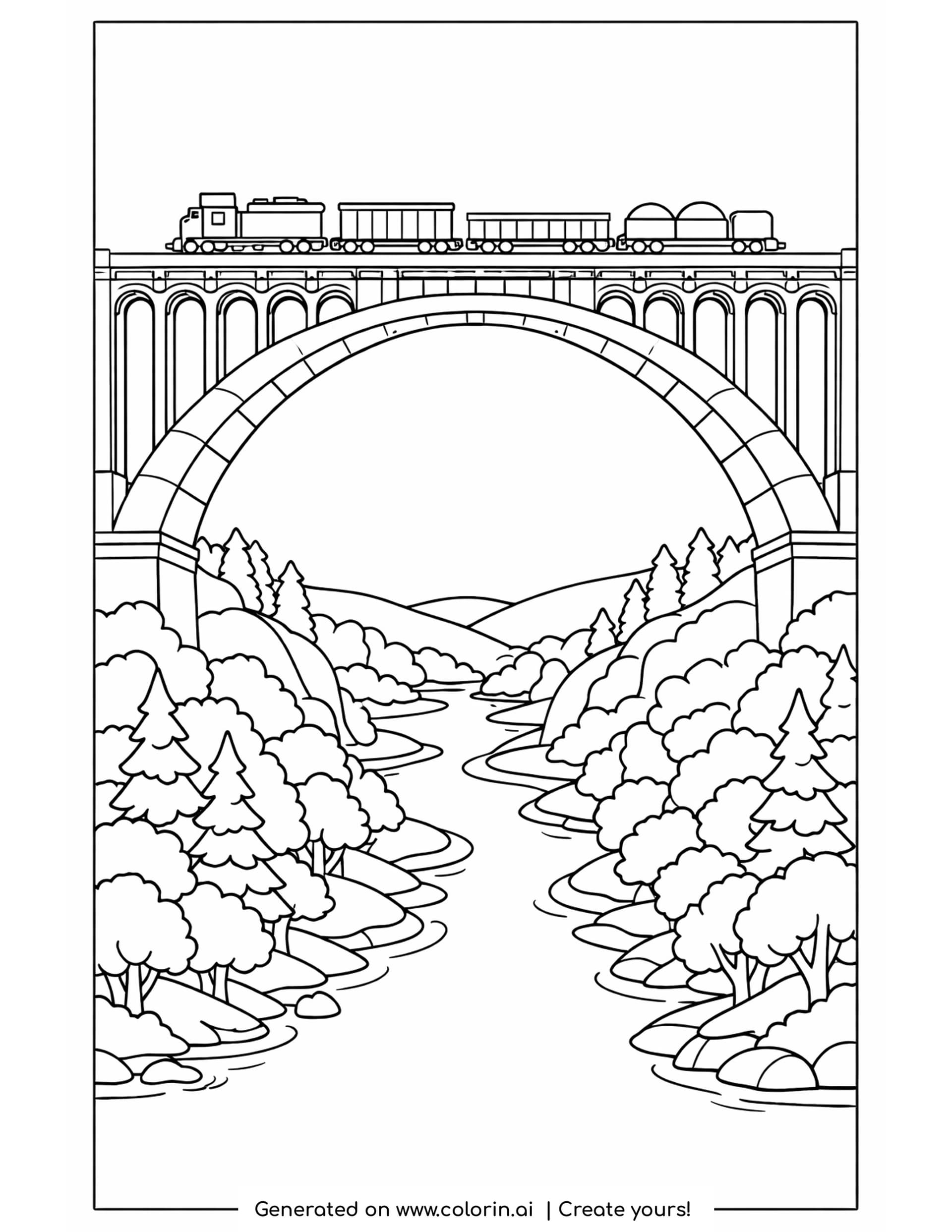 bridge coloring pages: a tall stone arch viaduct over a wooded river valley with a train crossing the deck