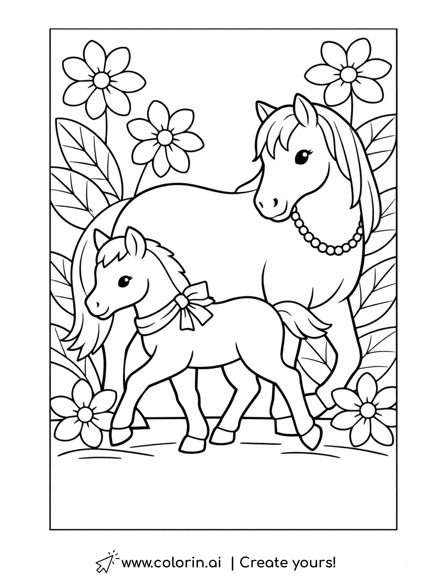 mare and foal walking together surrounded by large flowers coloring page