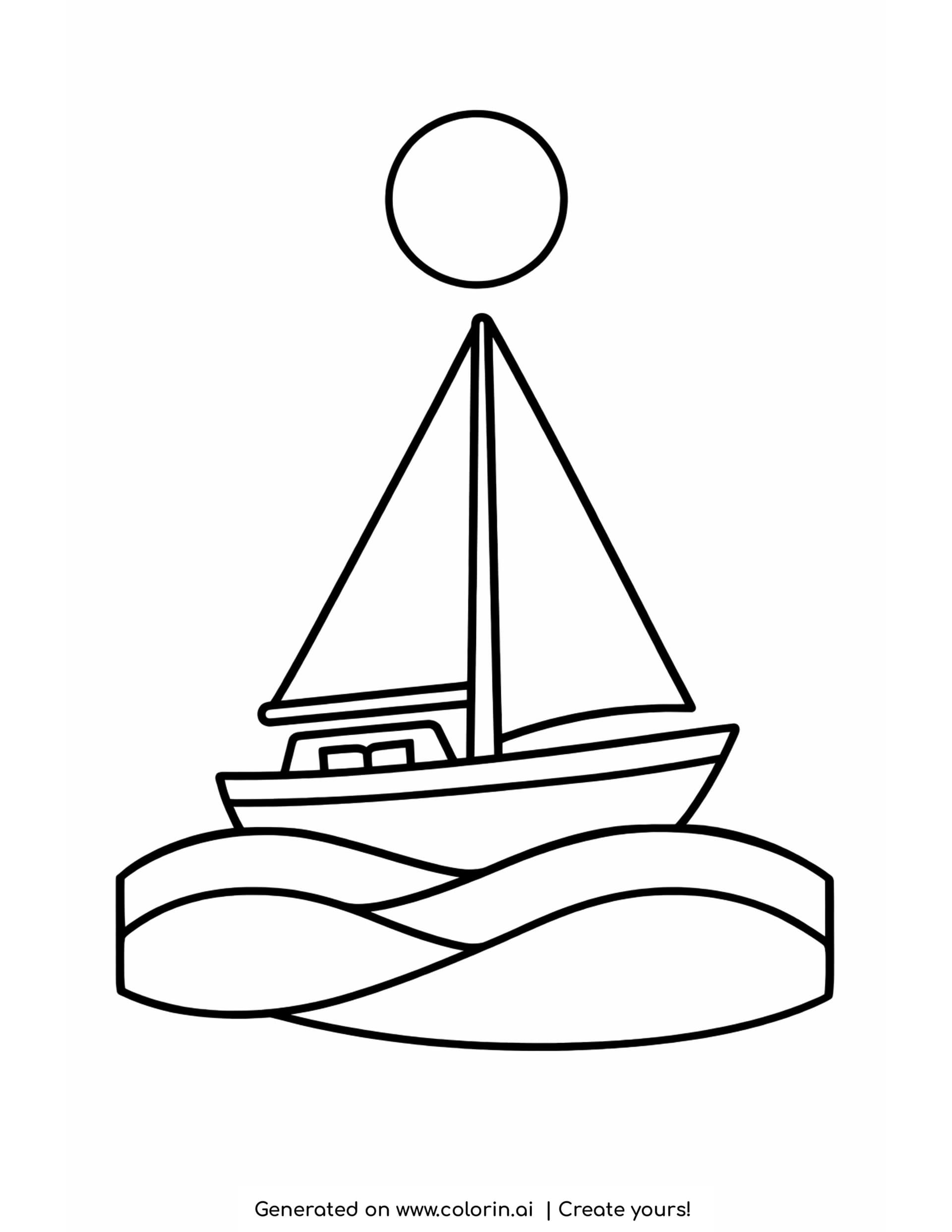 boat coloring page - a bold simple sailboat with two triangular sails and a cabin under a round sun, on two crossing ribbons of water