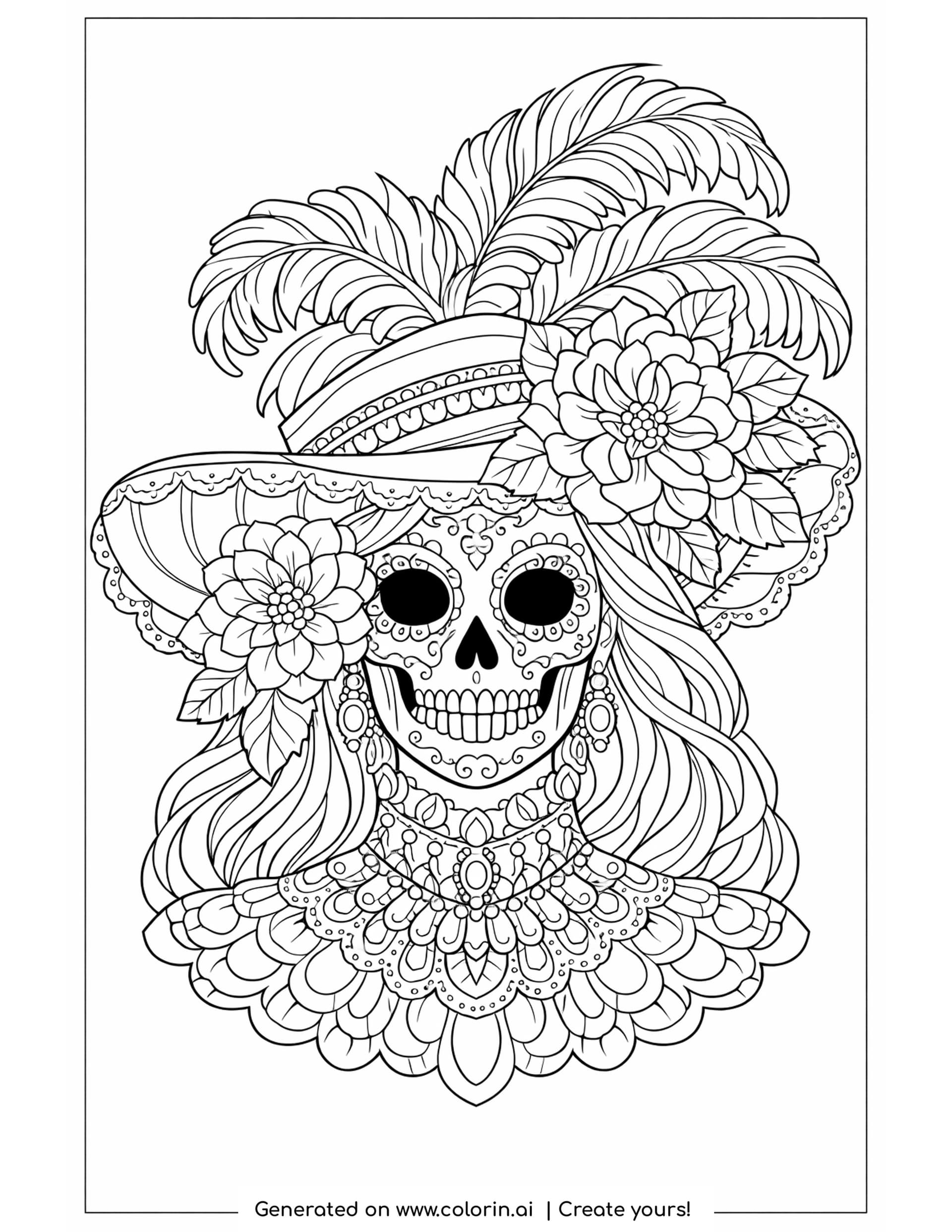 elegant catrina portrait coloring pages, catrina in a feathered hat with a large flower, long wavy hair and a patterned bodice