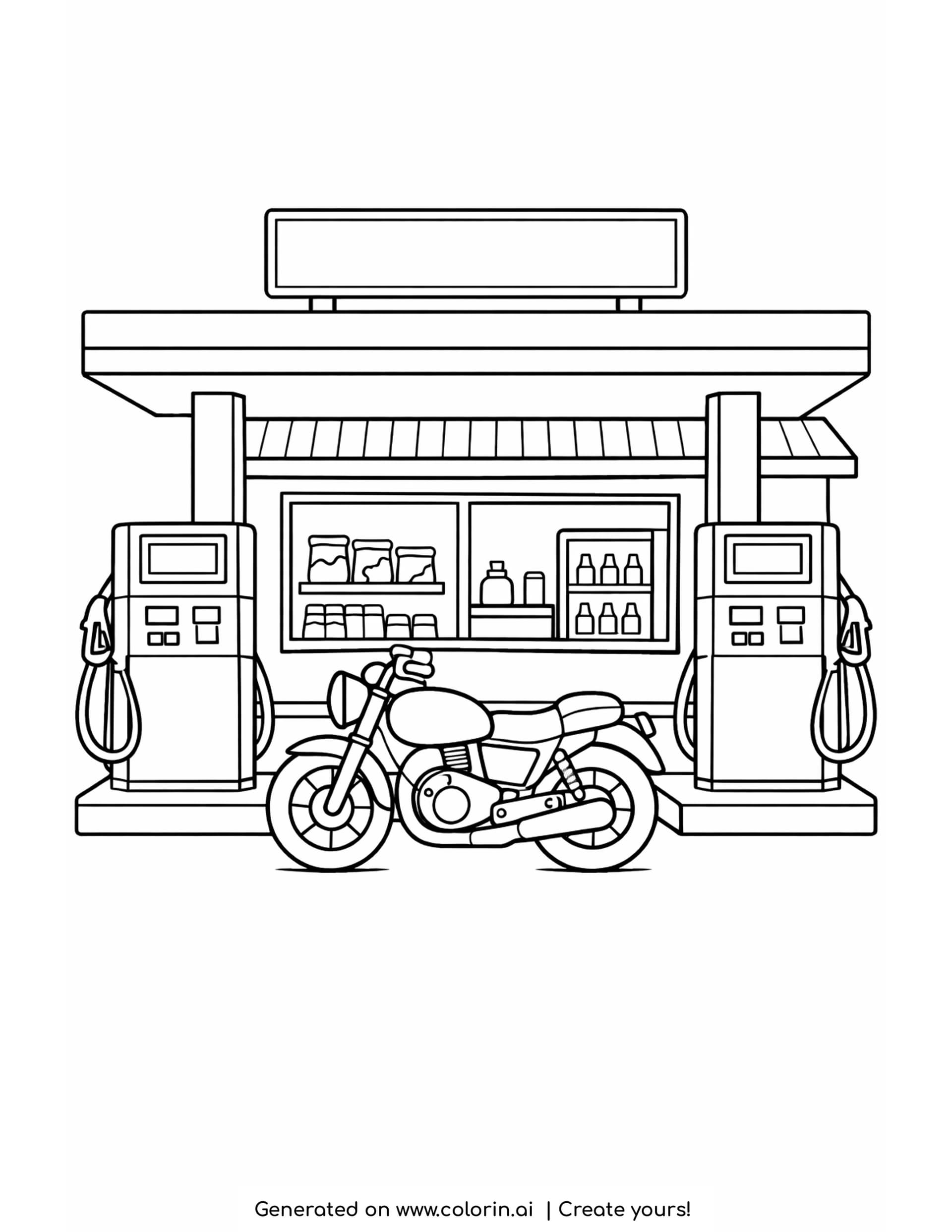 gas station coloring pages - small gas station with two pumps under a canopy and a shop window behind