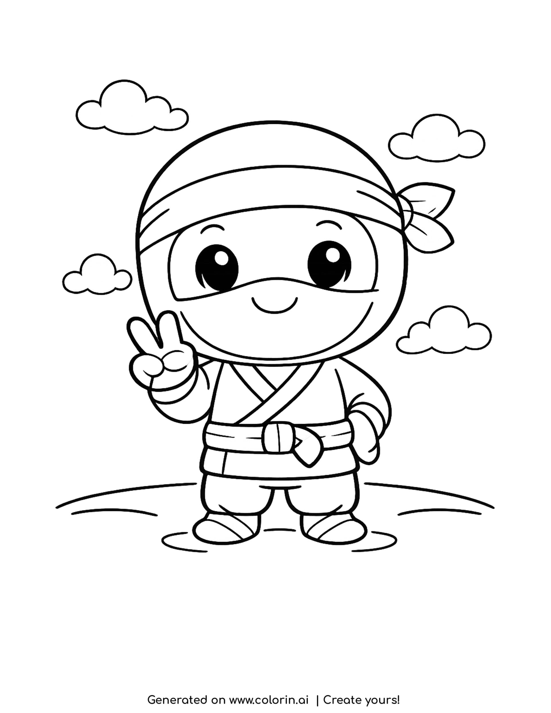 chibi ninja coloring pages - tiny ninja making a peace sign with two fingers under four clouds