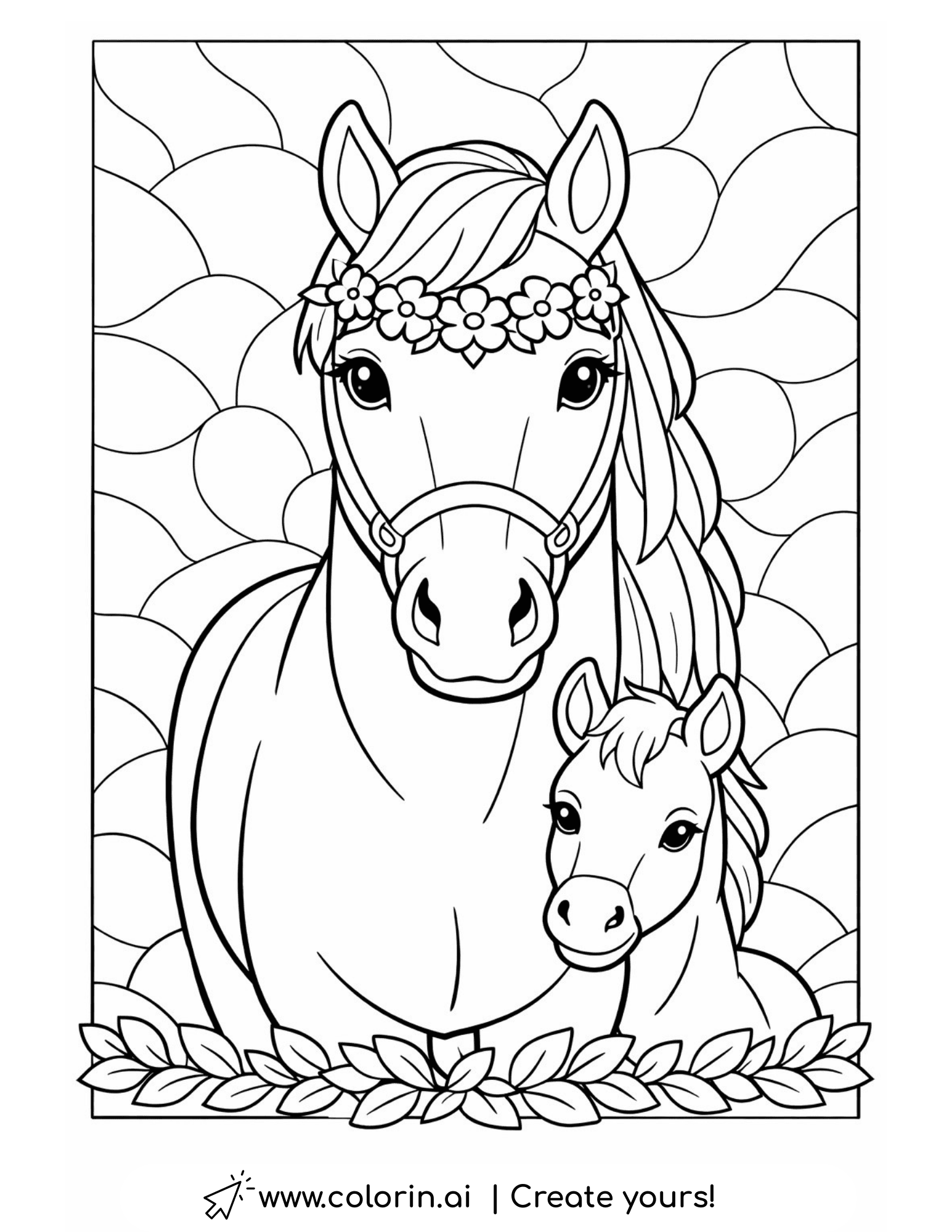 mare and foal portrait with floral crowns and leafy border coloring page
