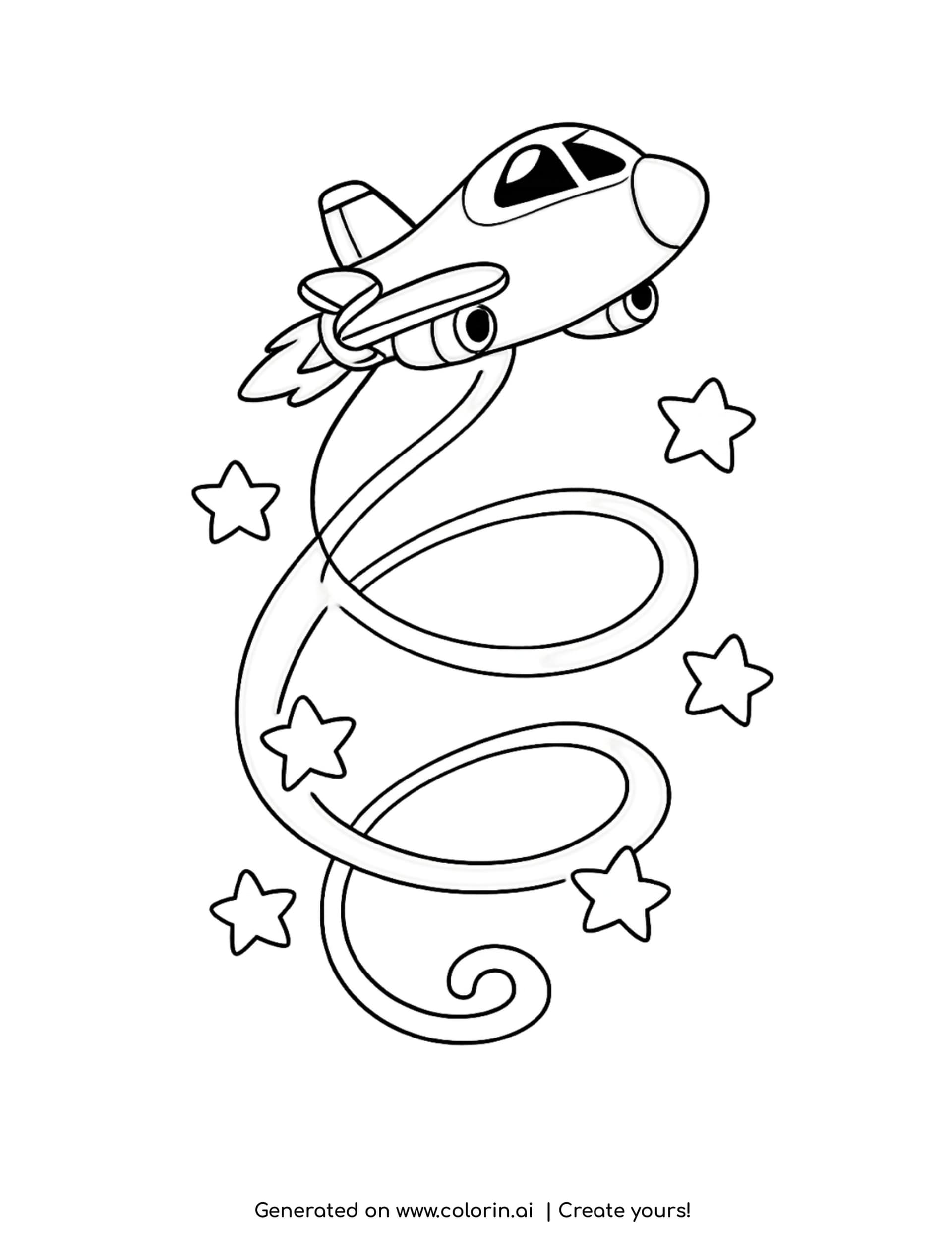 jet coloring page — smiling jet climbing with a long looping trail and scattered stars