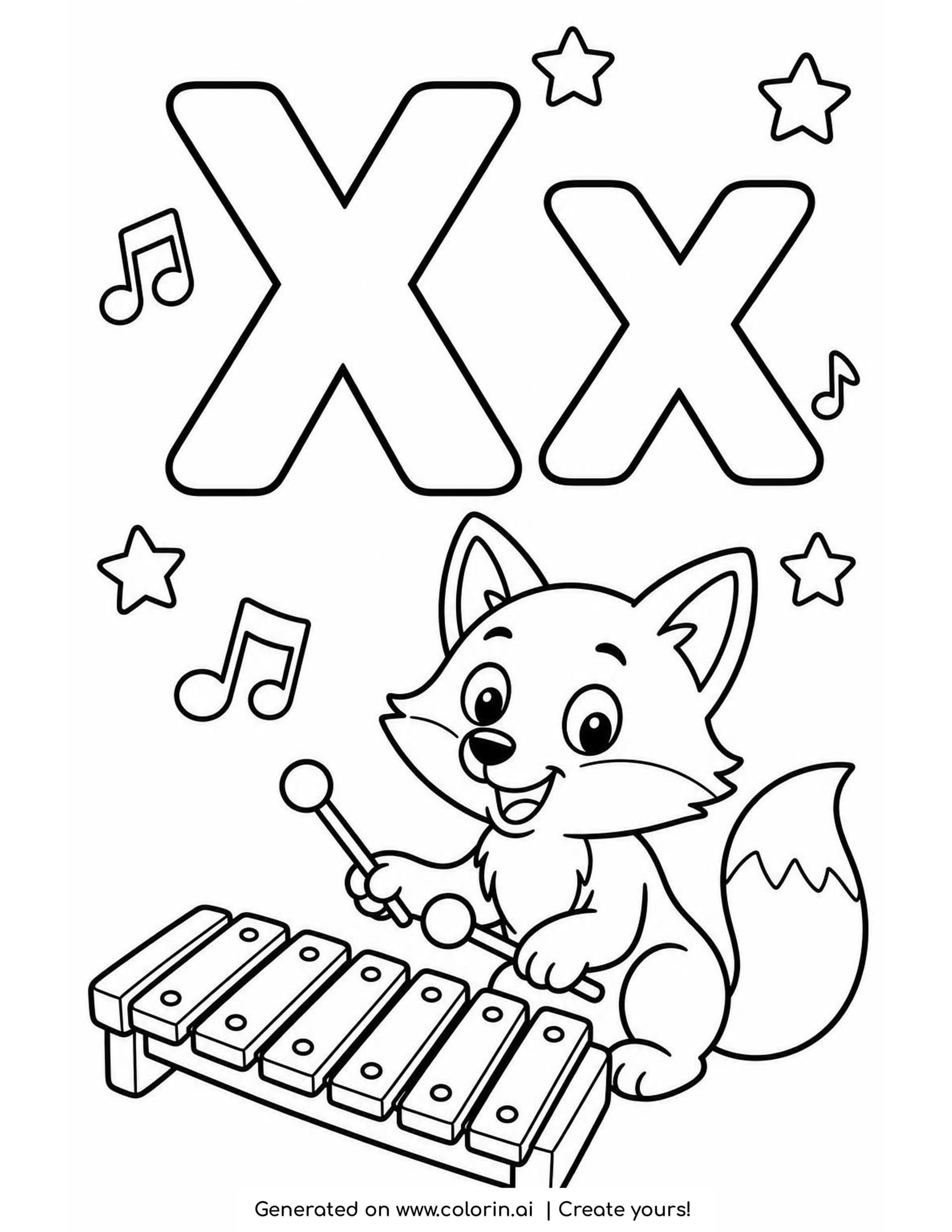A letter X coloring page with a hollow capital X and lowercase x above a smiling fox playing a xylophone with two mallets