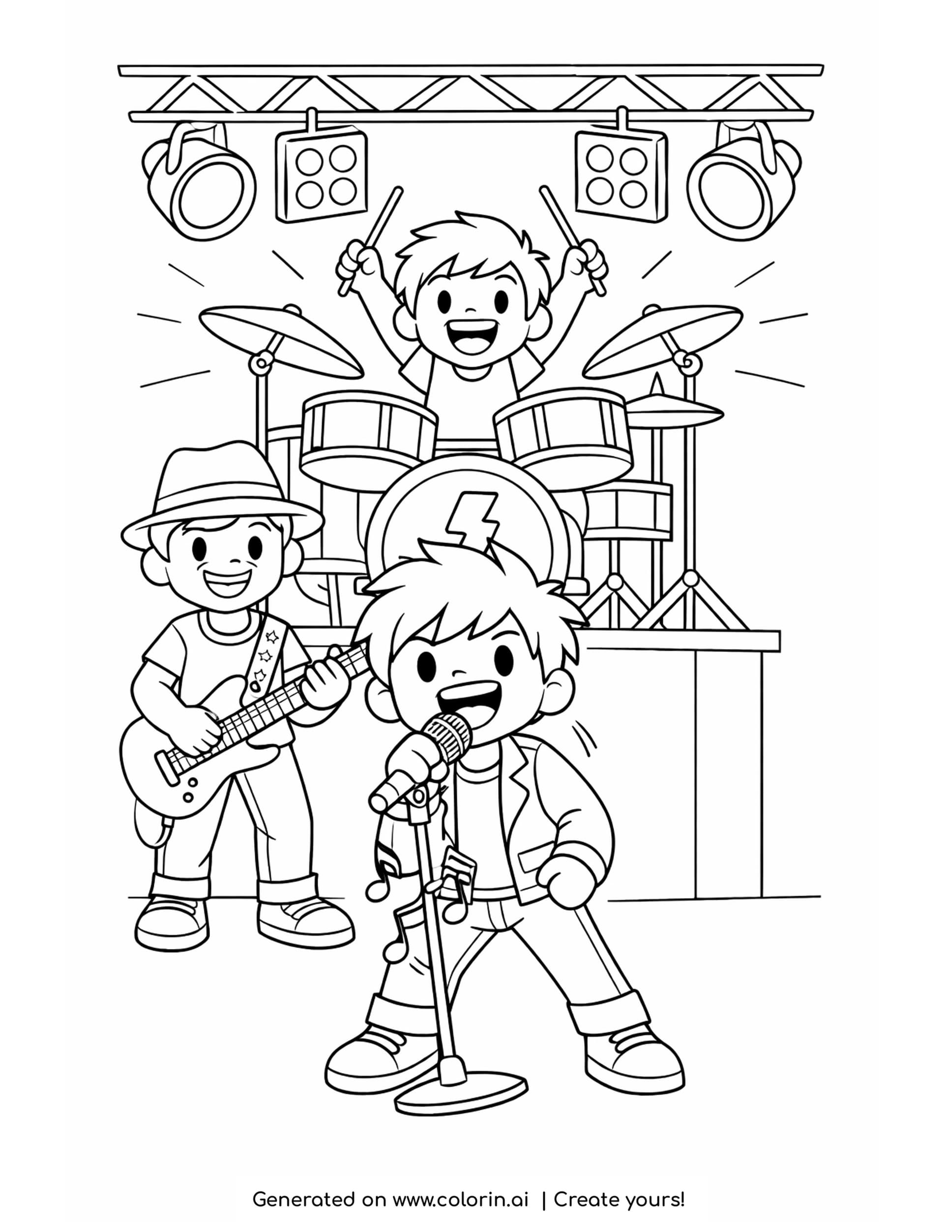 rock band coloring pages - three boys on stage under a lighting truss with a drum kit and an electric guitar