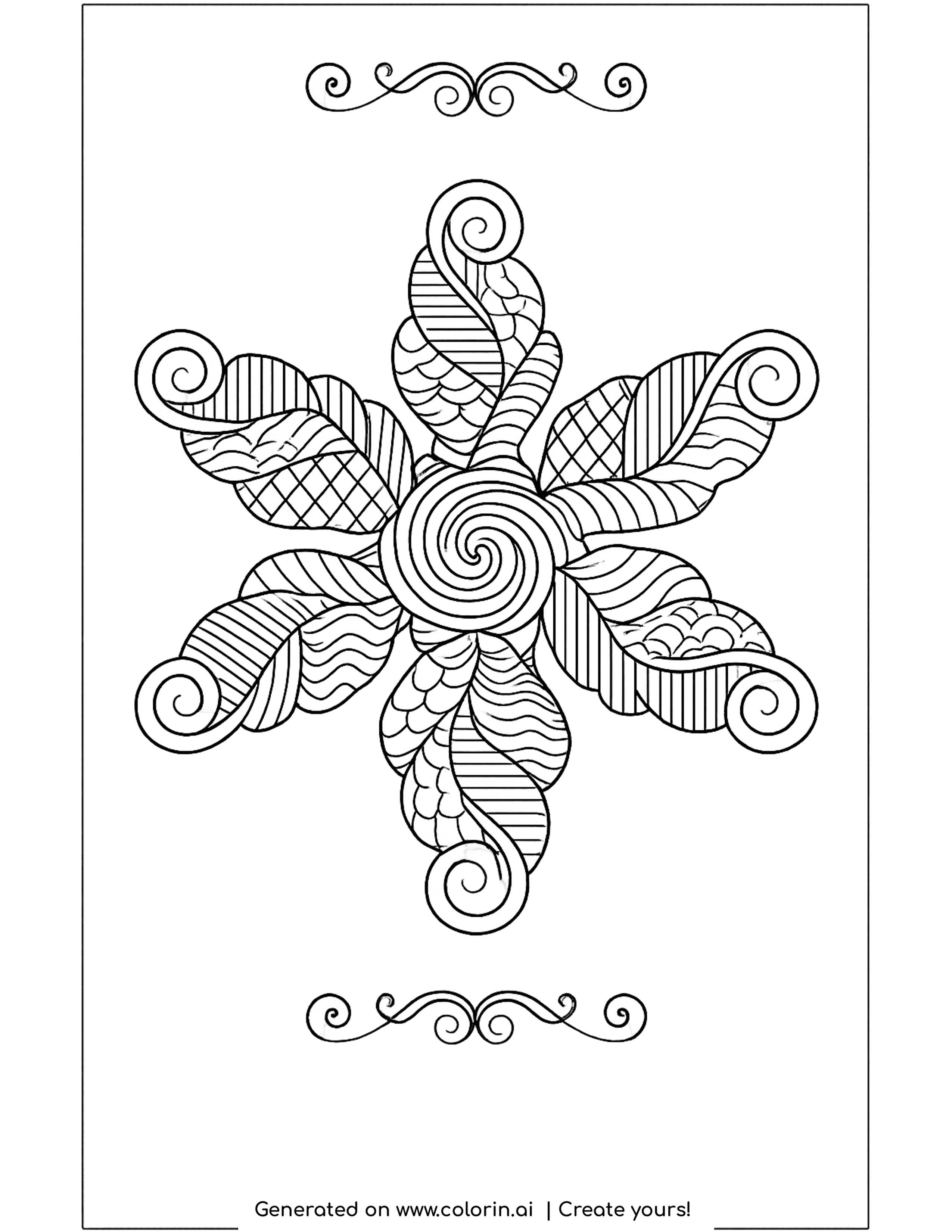 snowflake coloring pages, a zentangle snowflake with curling swirled arms and a spiral center
