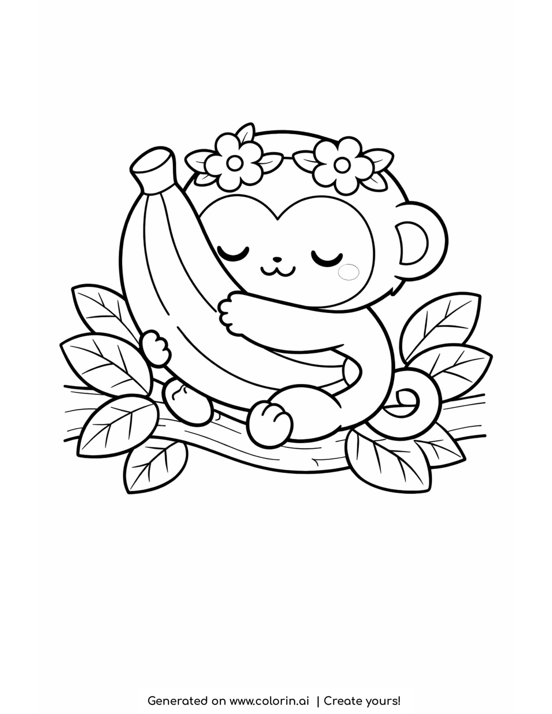 cute monkey coloring pages, a happy monkey hugging a big banana while resting on a leafy branch