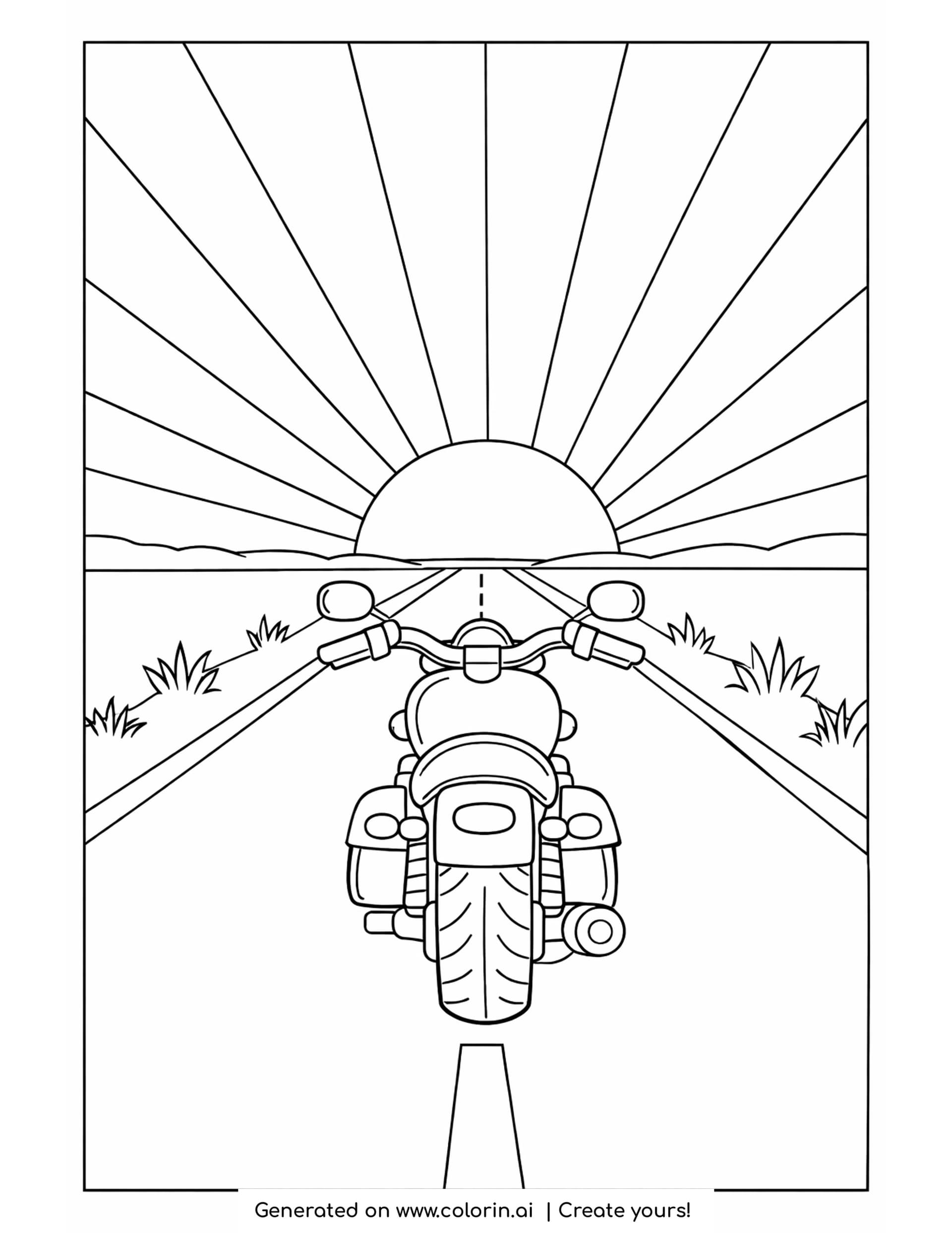 motorcycle coloring pages - motorcycle riding an open road toward a low setting sun with long rays fanning up