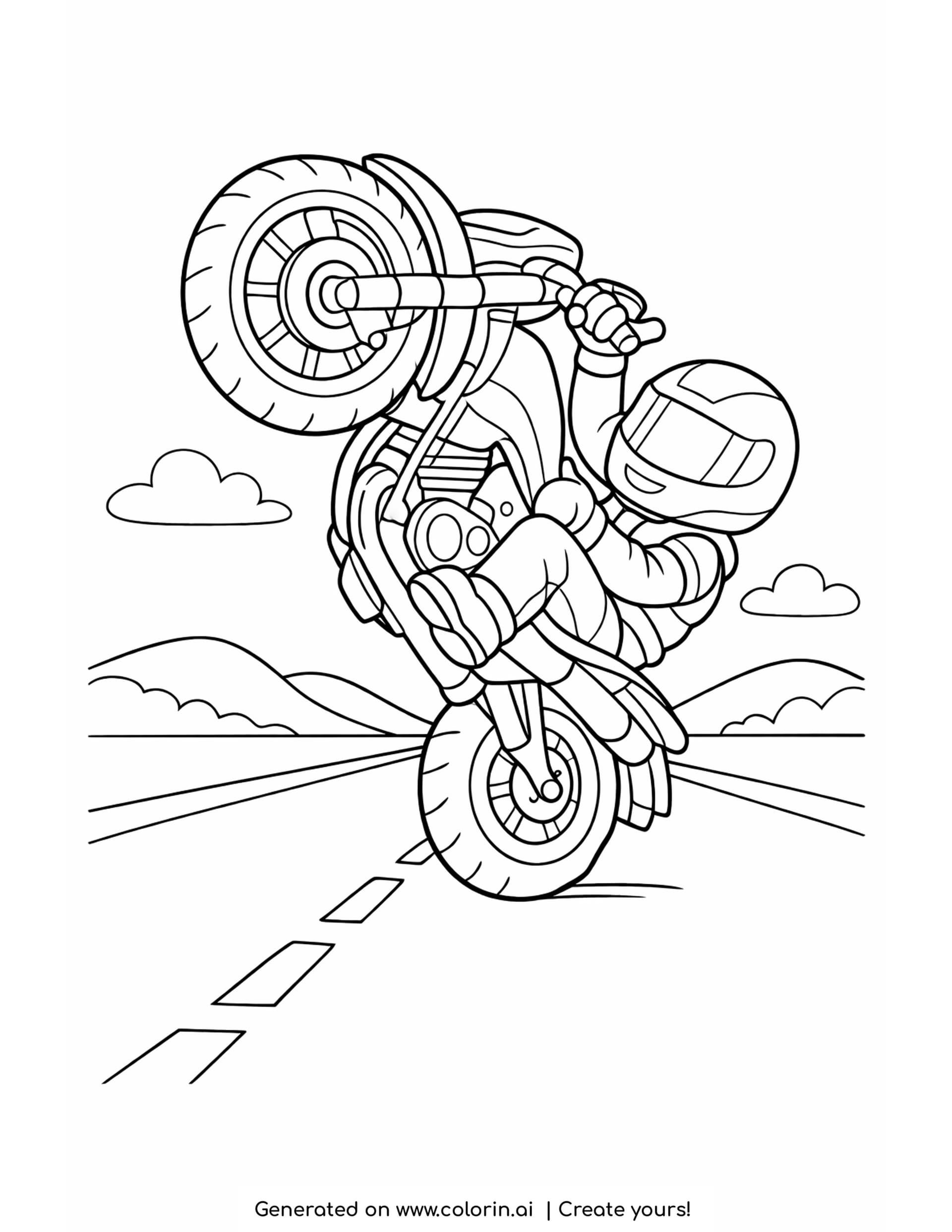 motorcycle wheelie coloring pages - motorcycle popping a wheelie with the front wheel high and the rider leaning back