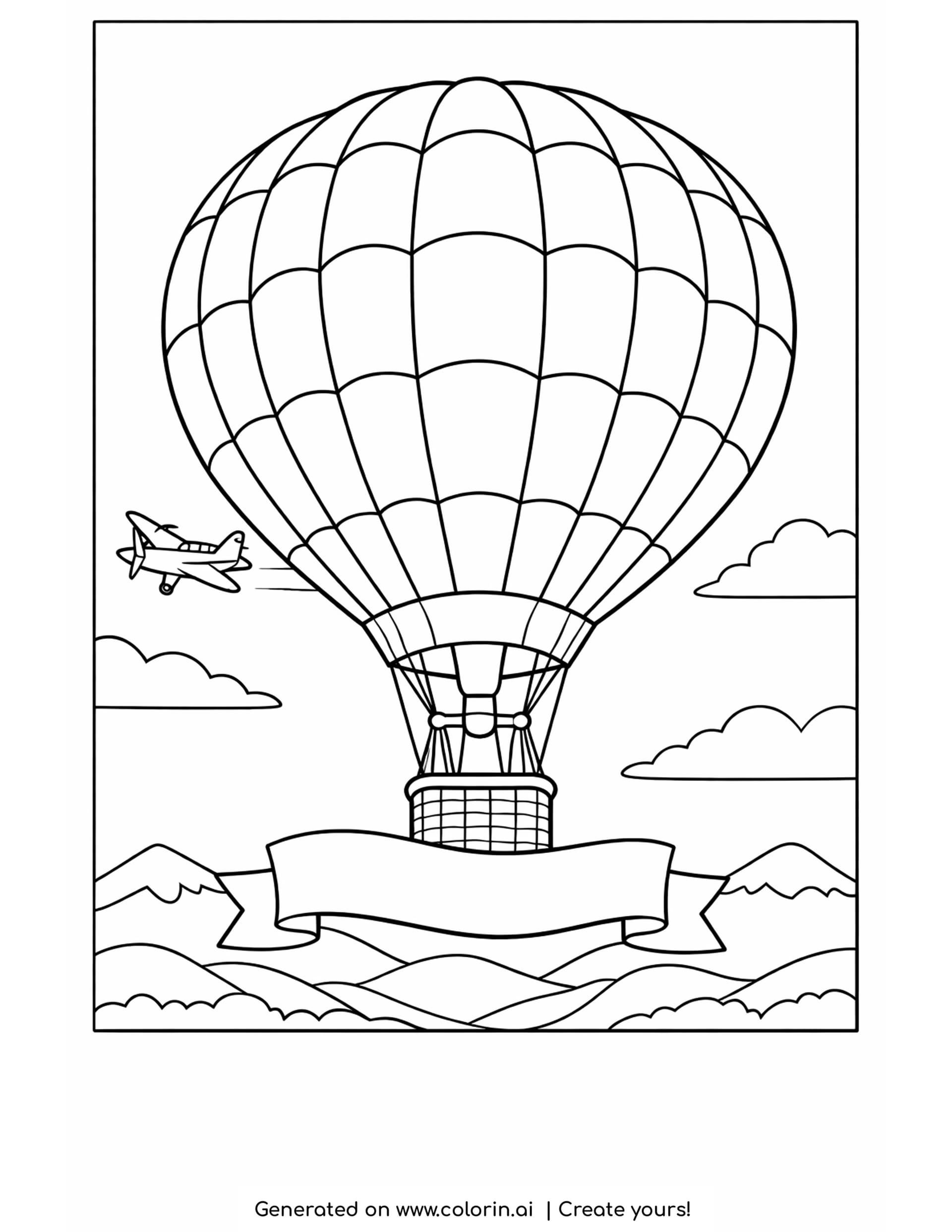 hot air balloon coloring pages — tall panelled balloon with wicker basket, blank banner and a small plane